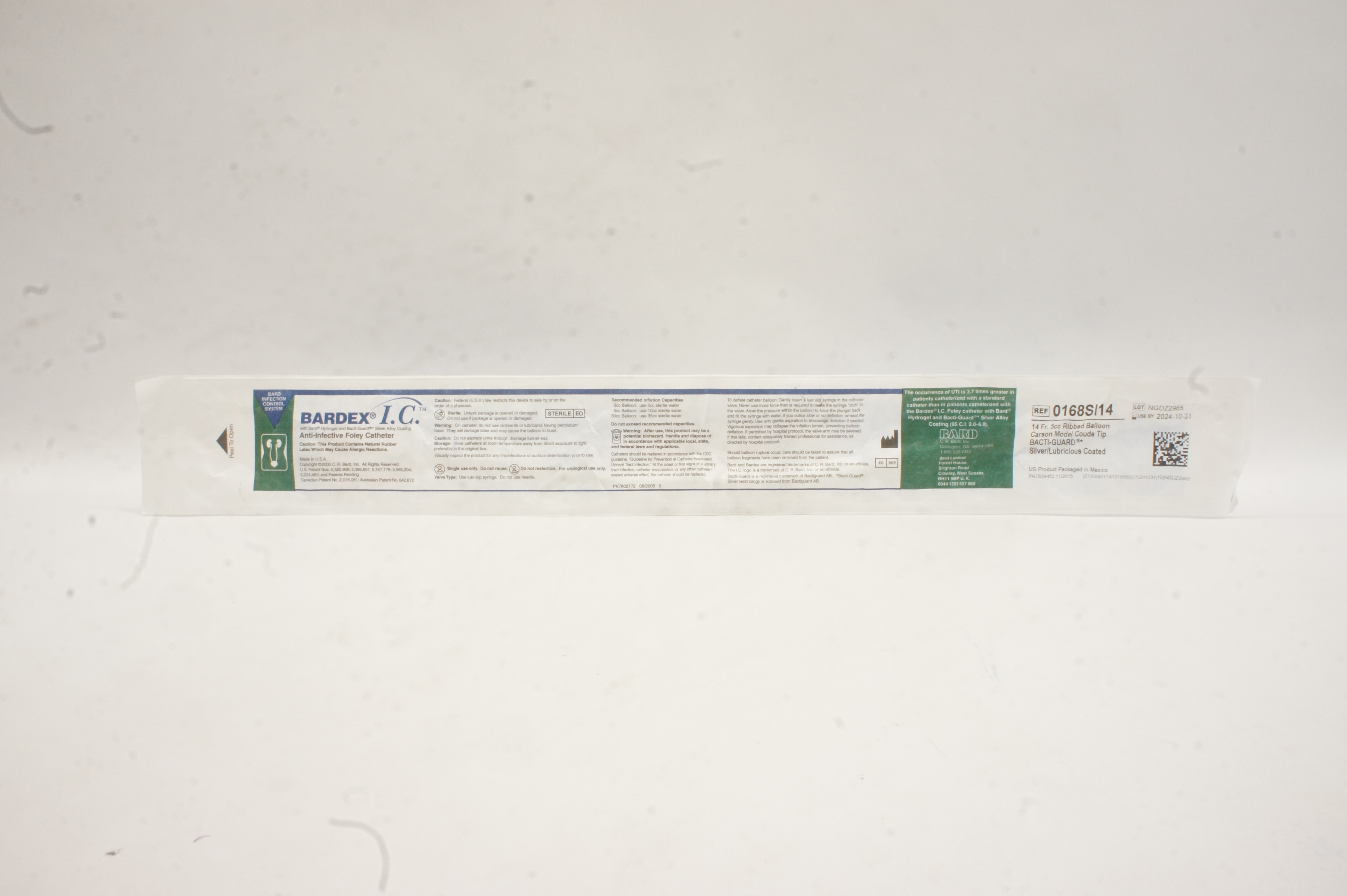 Bard 0168SI14 Bardex I.C. Anti-Infective Foley Cath. 14 Fr 5cc Ribbed Balloon