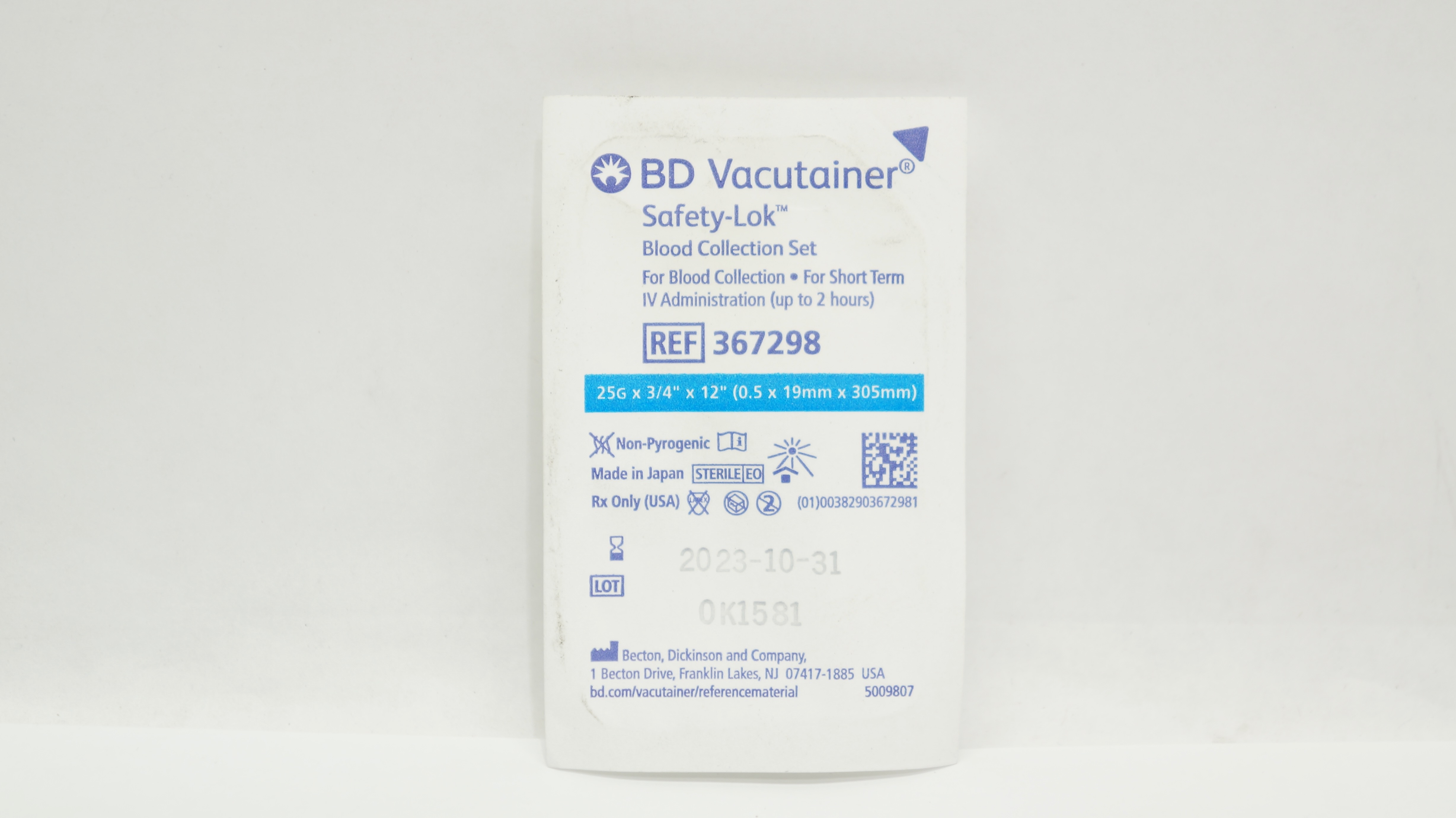 BD 367298 Vacutainer Safety-Lok Blood Collection Set 25G x 3/4inch x 12inch
