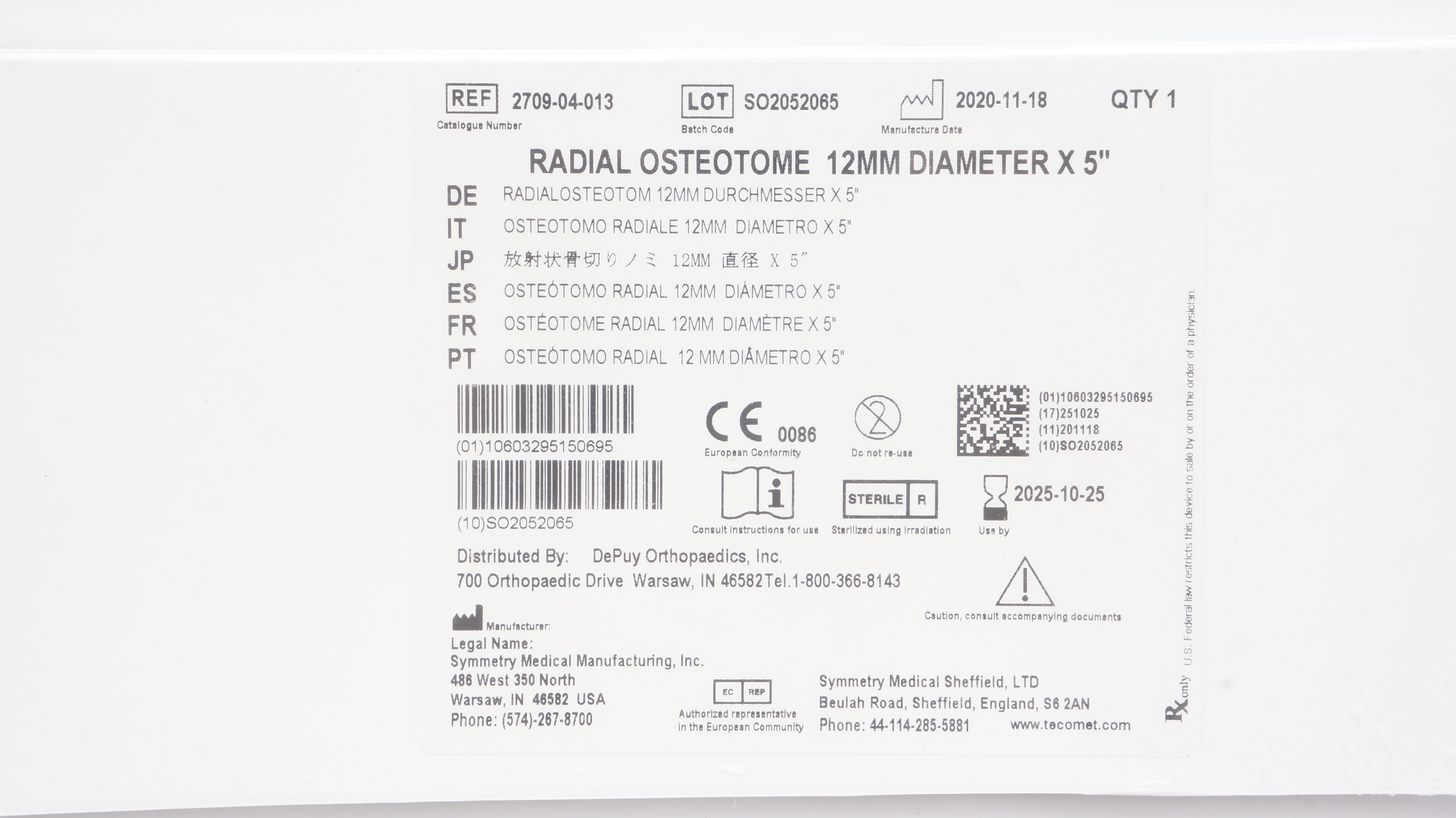 DePuy 2709-04-013 Radial Osteotome 12mm x 5inch