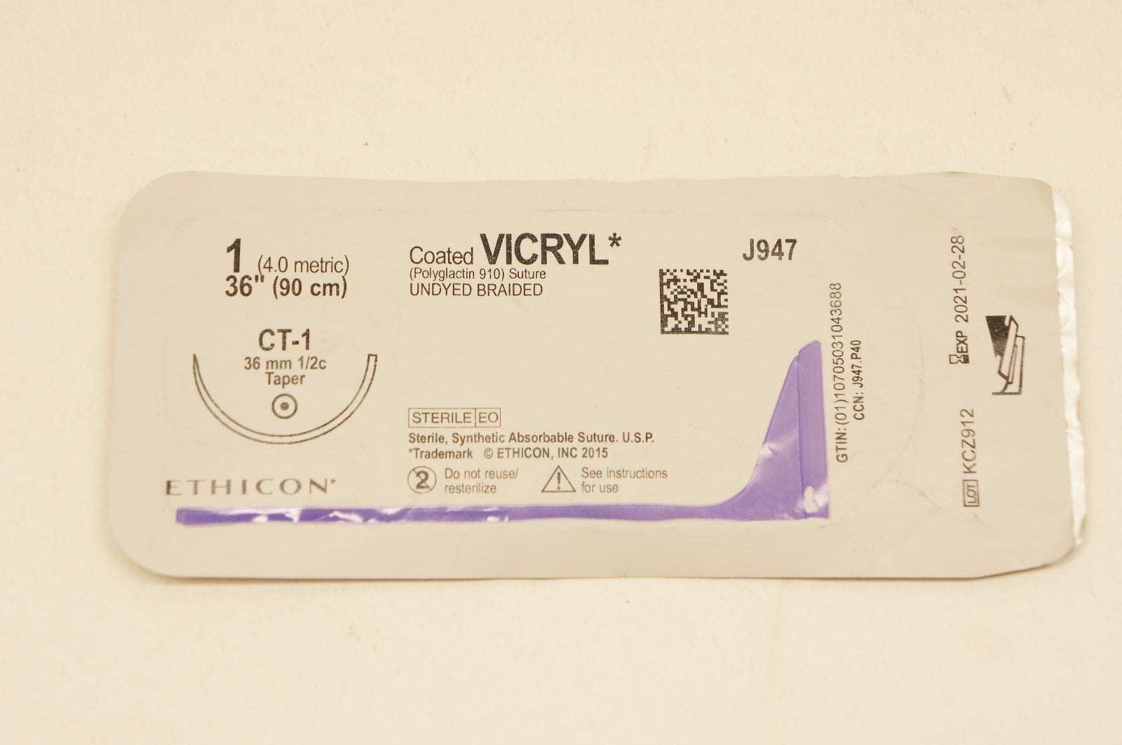 Ethicon J947 1 VICRYL, CT-1, 36mm 1/2c Taper, 36inch