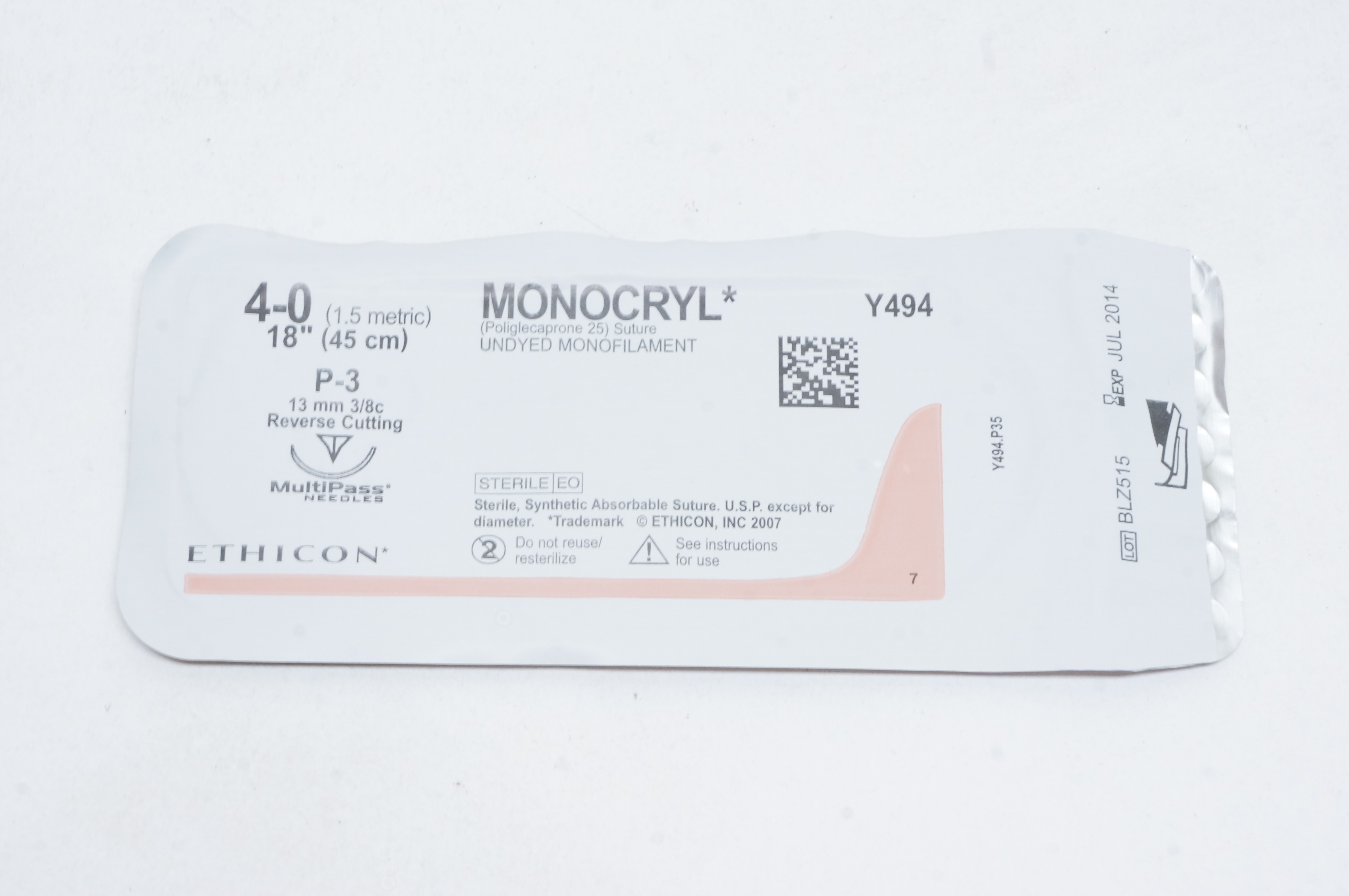 Ethicon Y494 4-0 MONOCRYL, P-3, 13mm 3/8c Reverse Cutting, 18inch (x)