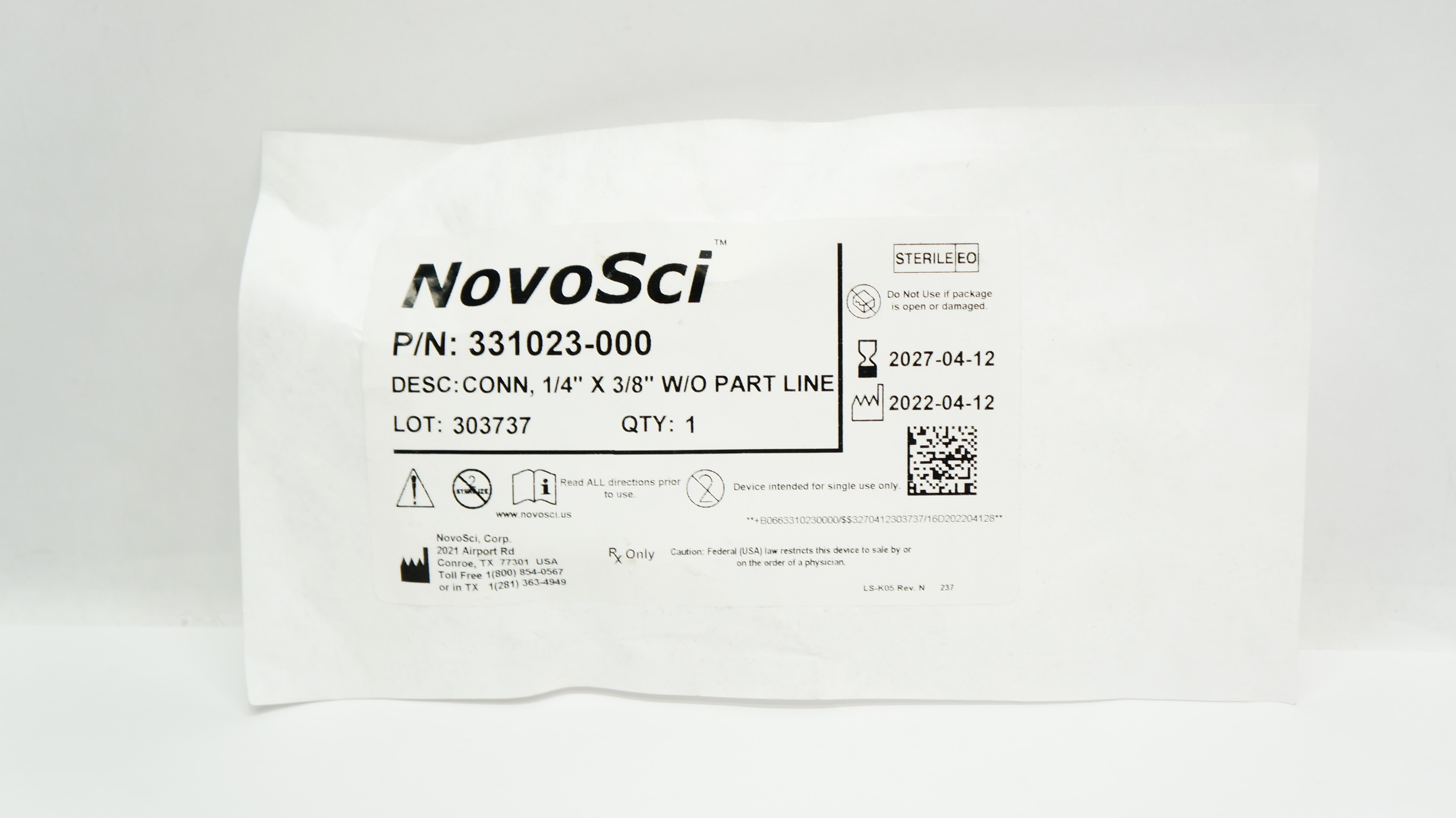 NovoSci 331023-000 Connector 1/4inch x 3/8inch w/o Part Line