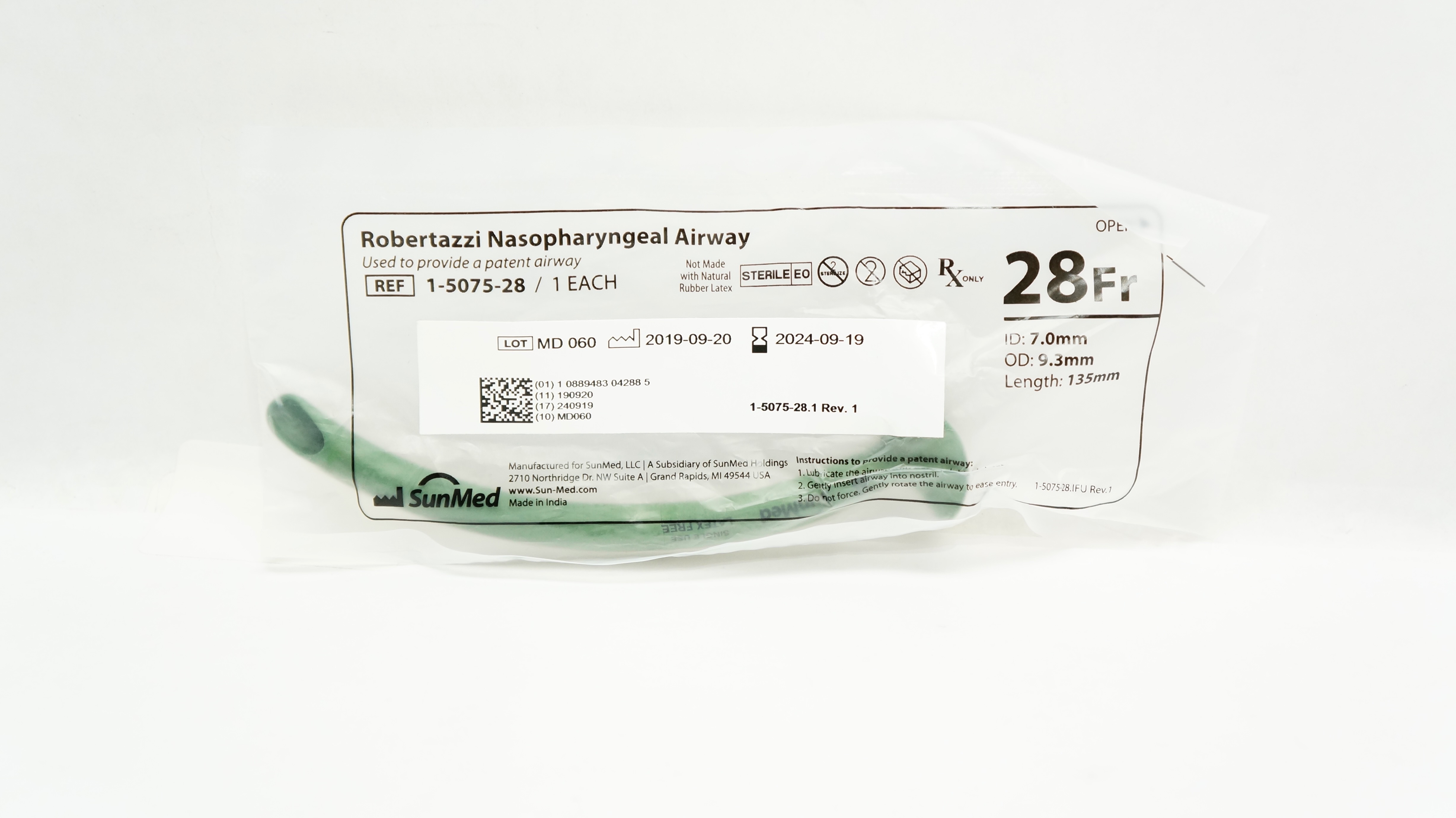 SunMed 1-5075-28 Robertazzi Nasopharyngeal Airway 28Fr 7.0mm ID x 9.3mm OD