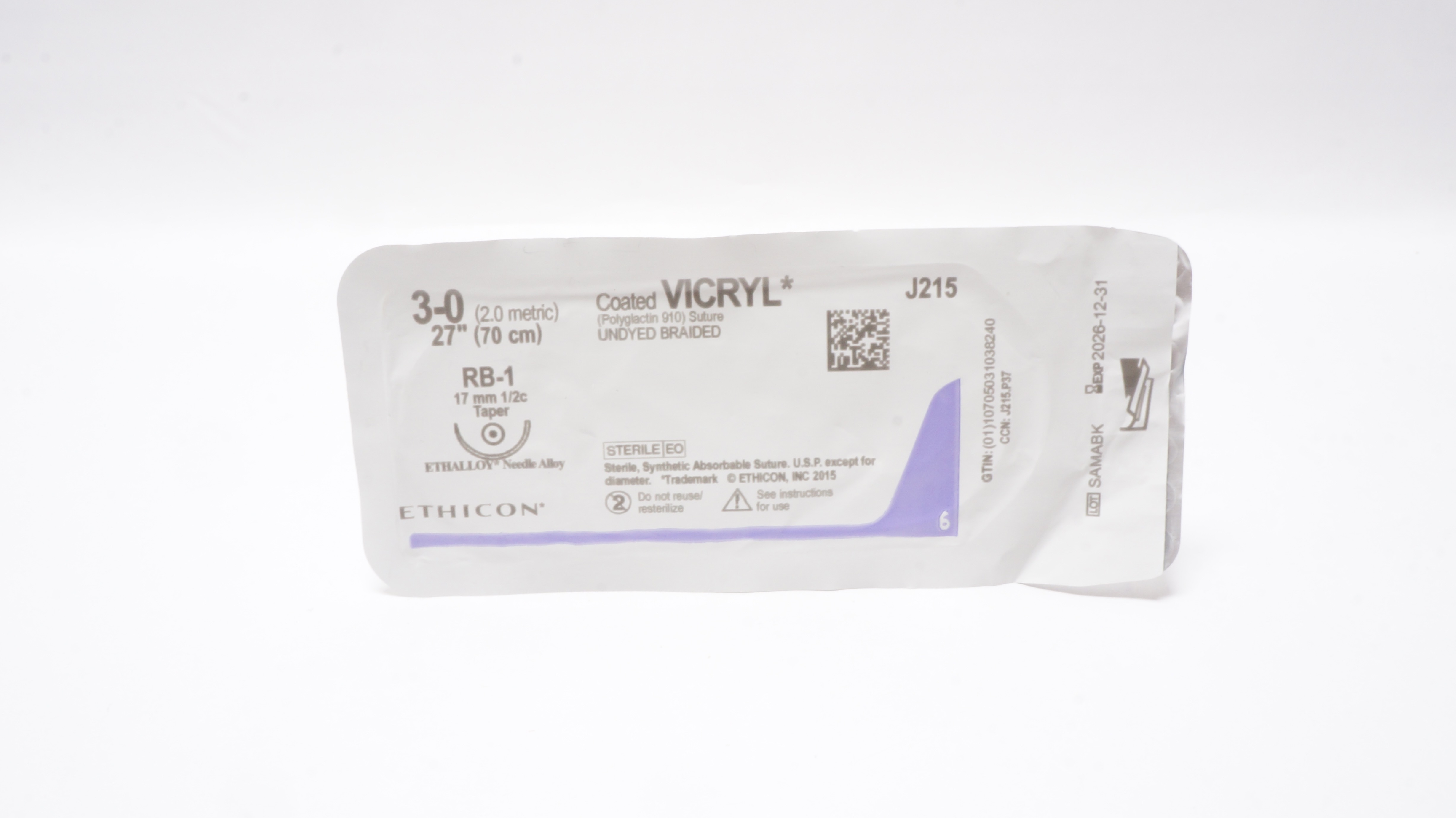 Ethicon J215 3-0 Coated VICRYL Polyglactin 910 Stre RB-1 17mm 1/2c Taper, 27inch