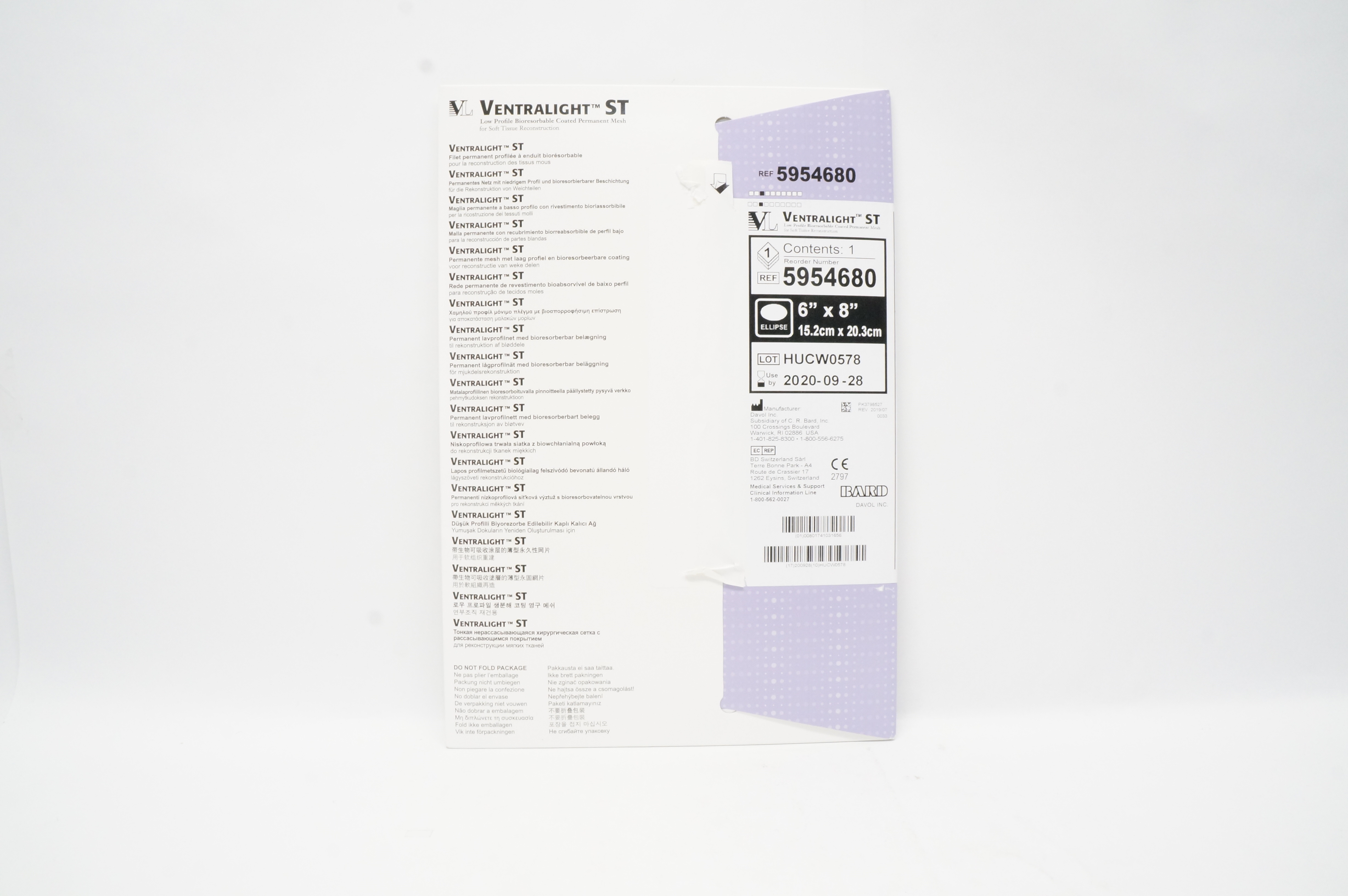 Bard 5954680 Davol Ventralight ST Coated Permanent Mesh, Ellipse 6 x 8 inch (x)