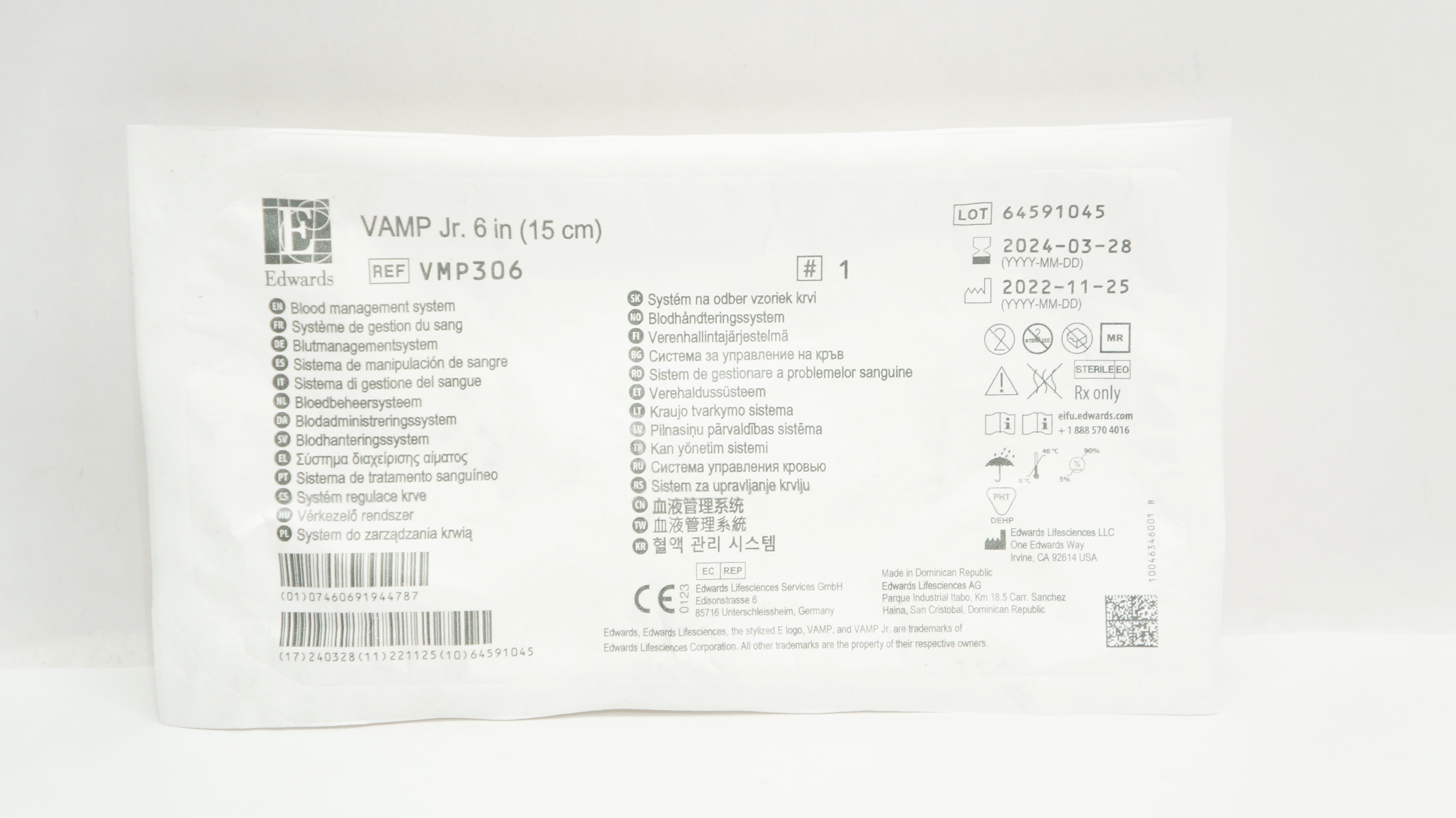 Edwards Lifesciences VMP306 VAMP Jr Blood Management System 6inch