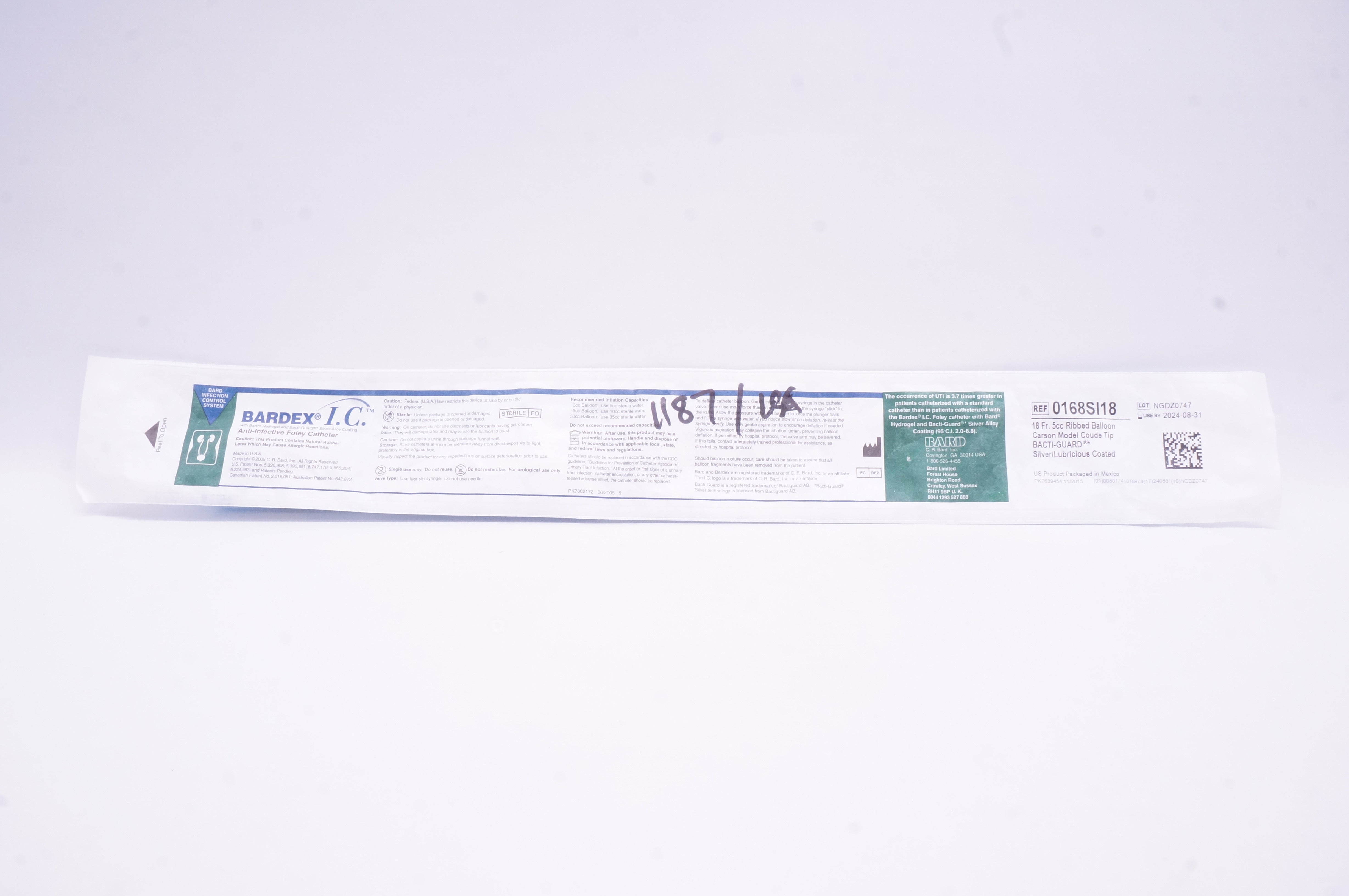 Bard 0168SI18 Bardex I.C. Anti-Infective Foley Cath. 18Frx5cc Ribbed Balloon(x)