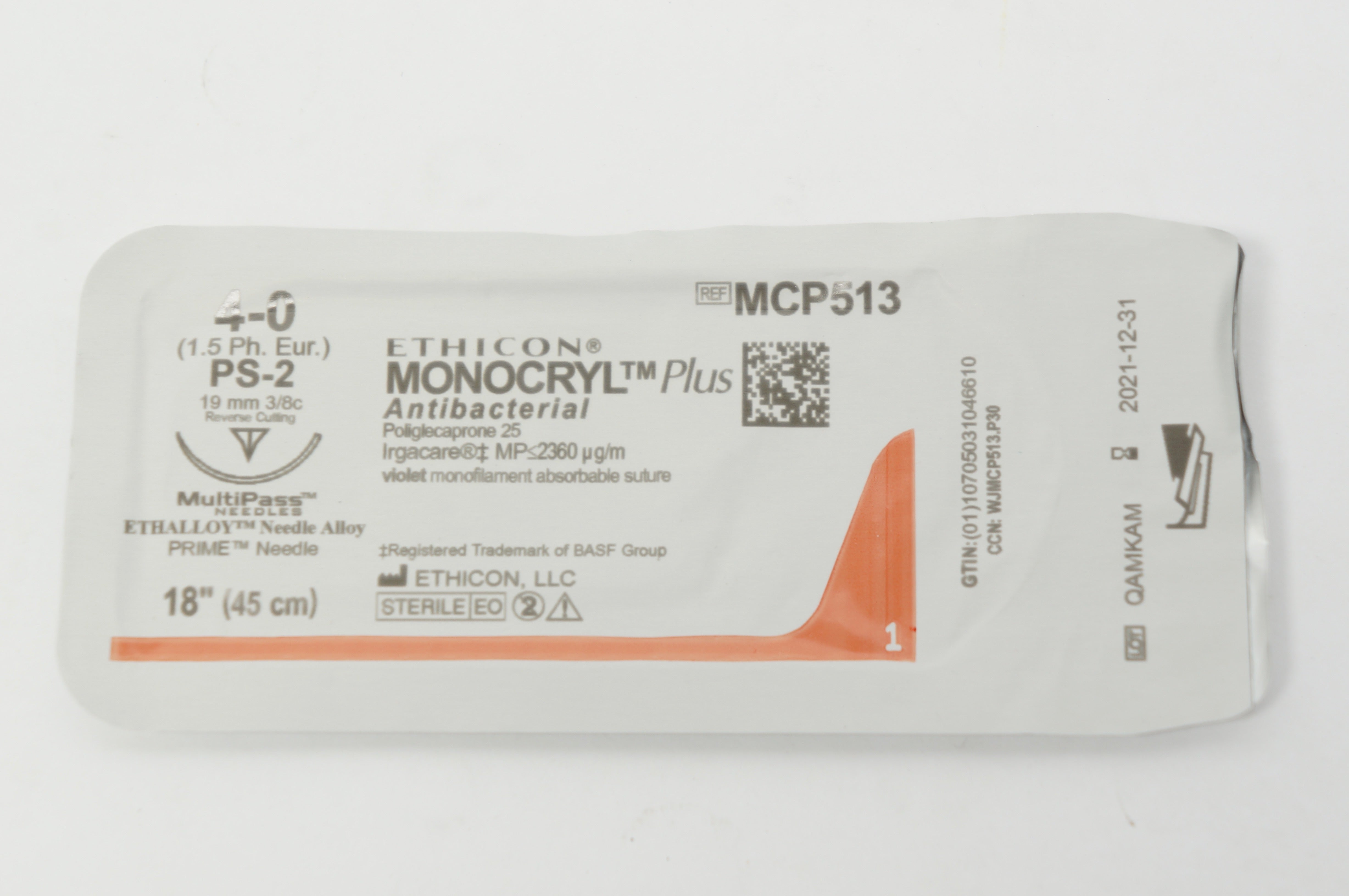 Ethicon MCP513 4-0 MONOCRYL Plus Stre PS-2 19mm 3/8c Reverse Cutting,18inch (x)