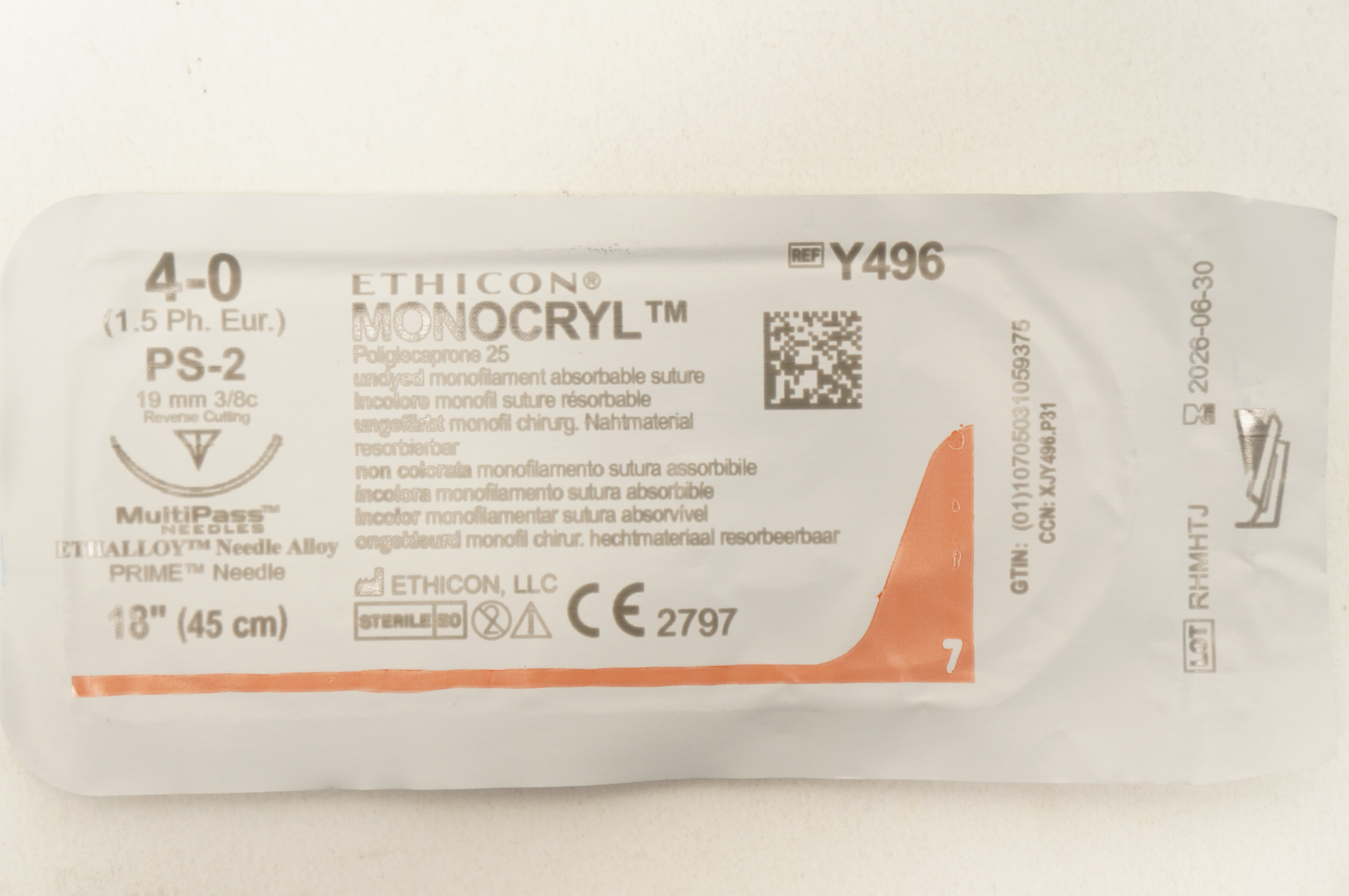 Ethicon Y496 4-0 Monocryl Undyed Stre PS-2 19mm 3/8c Reverse Cutting 18 inch