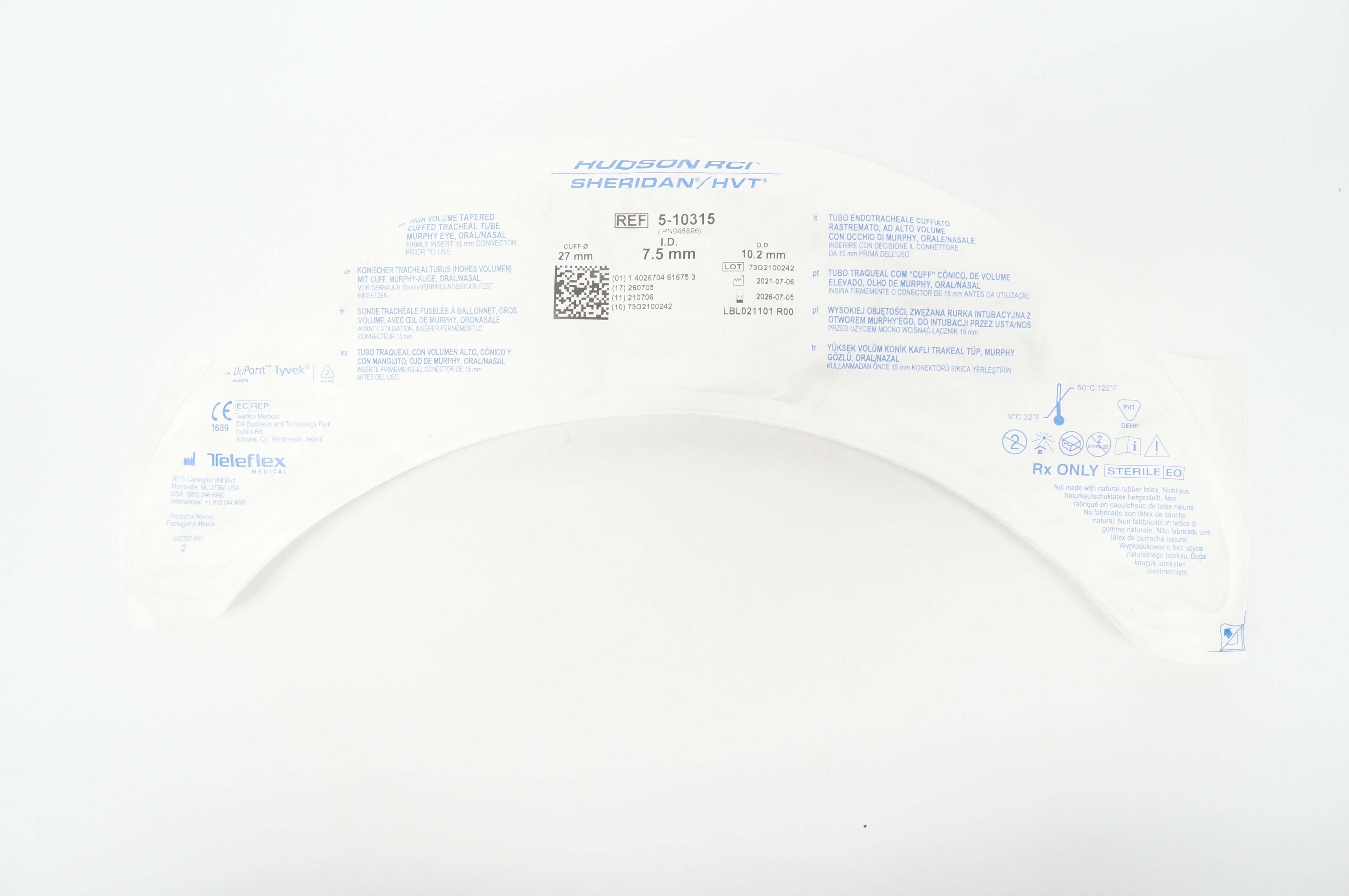 Teleflex 5-10315 Hudson RCI Sheridan HVT Cuffed Tracheal Tube 7.5 x 10.2 x 27mm