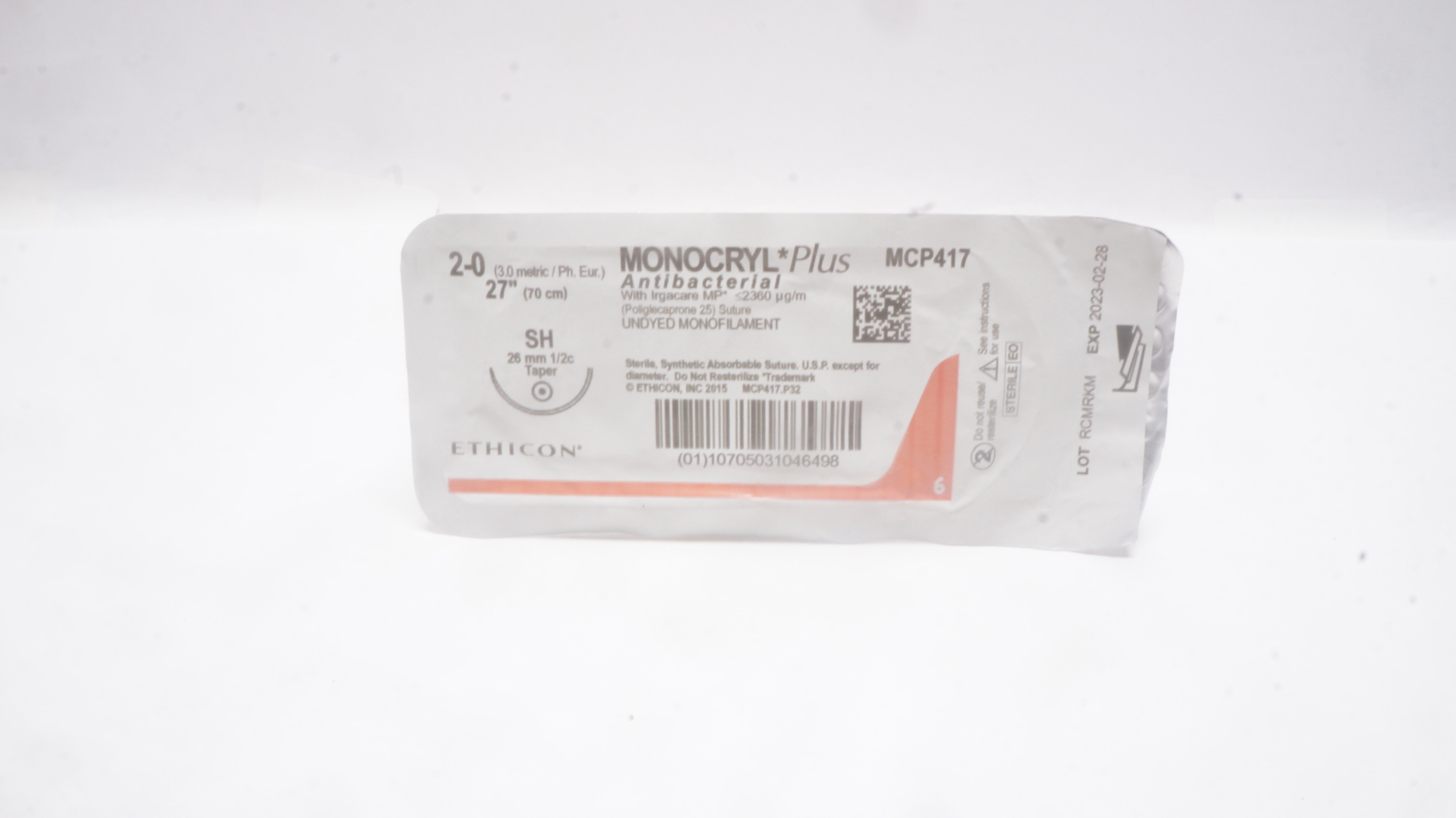 Ethicon MCP417 2-0 MONOCRYL Plus, SH,  26mm 1/2c Taper, 27inch (x)