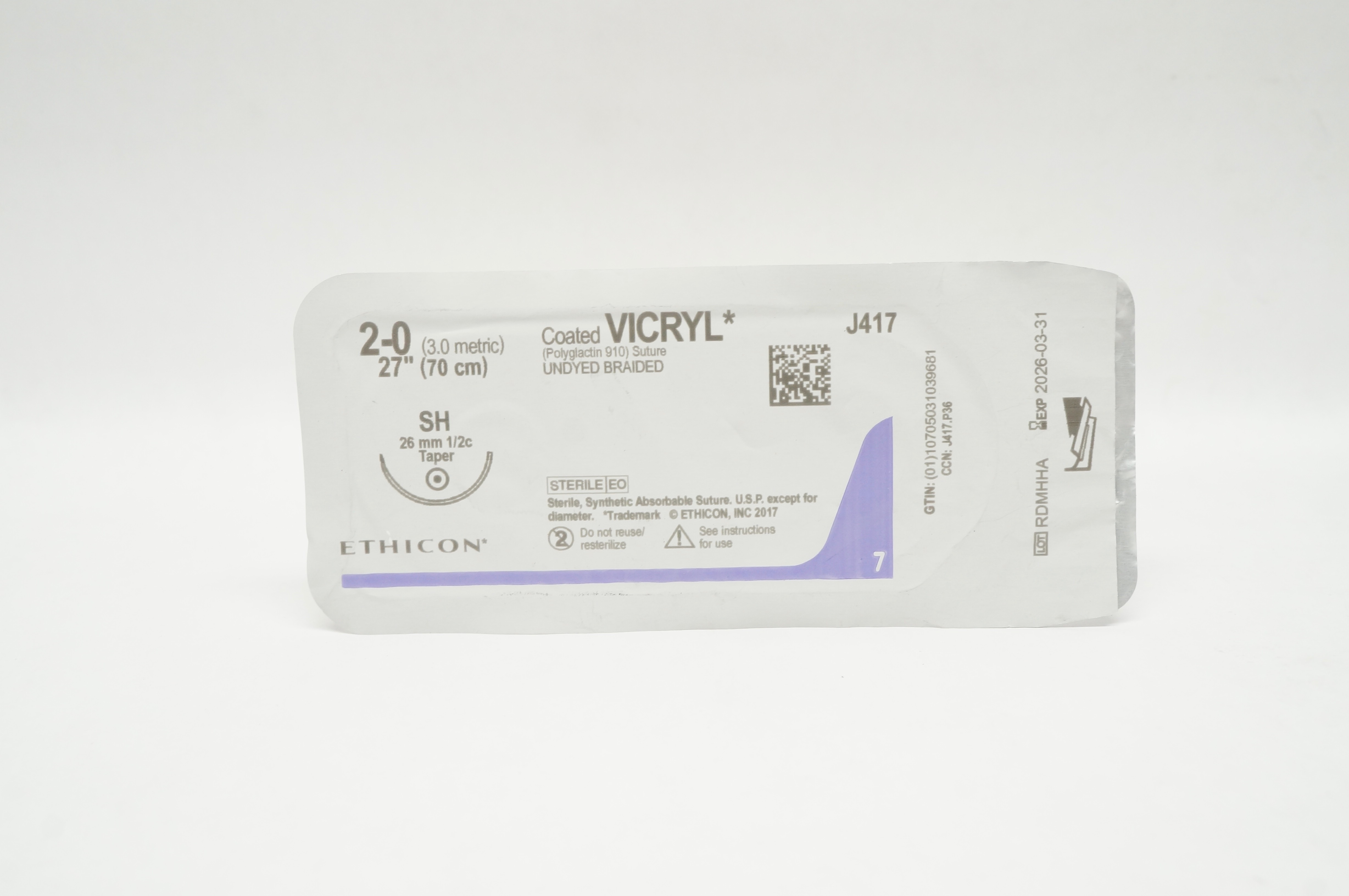 Ethicon J417 2-0 Coated VICRYL, SH, 26mm 1/2c Taper, 27inch