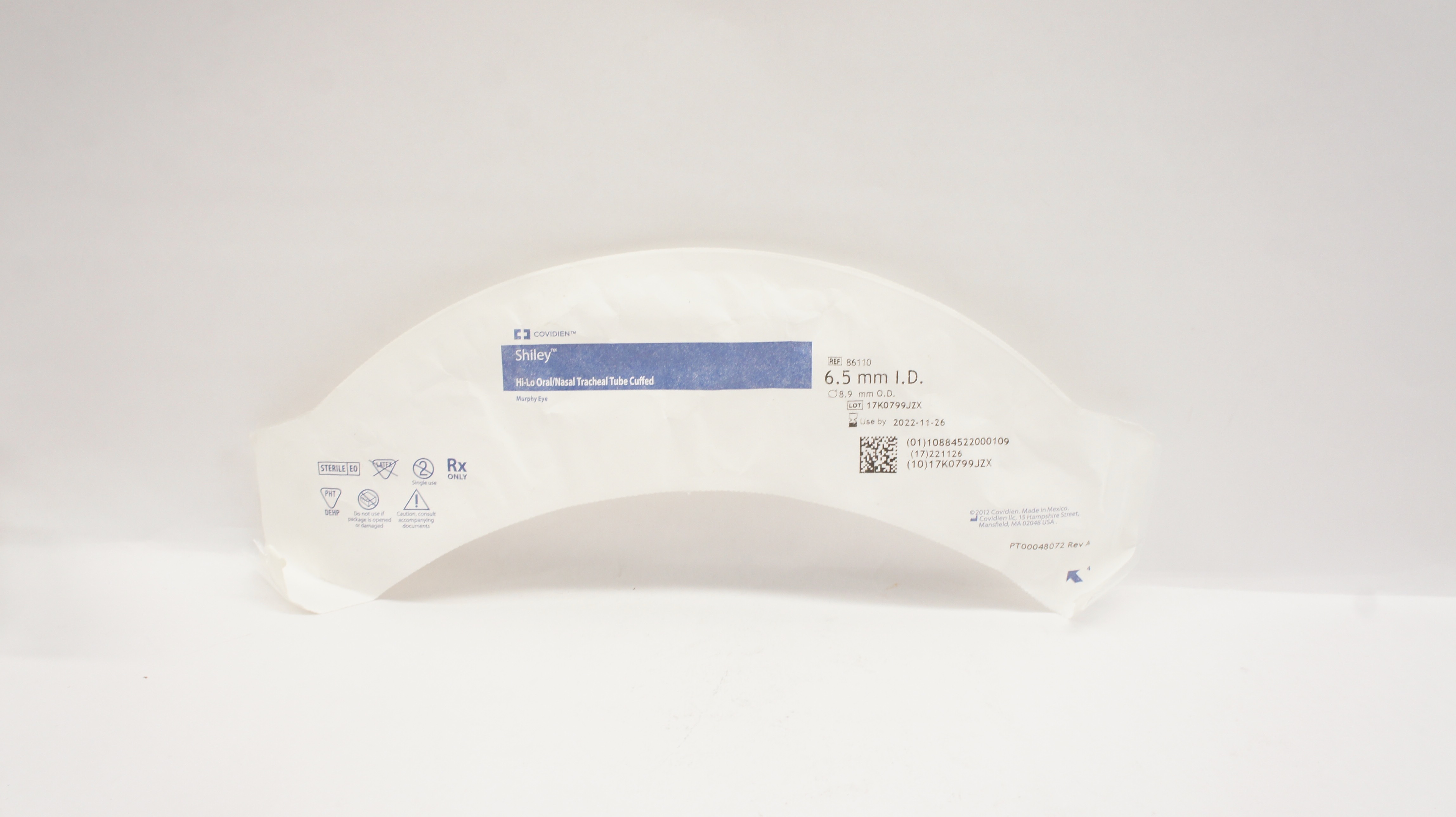 Covidien 86110 Shiley Hi-Lo Oral/Nasal Tracheal Tube Cuffed 6.5mm ID x 8.9mm OD