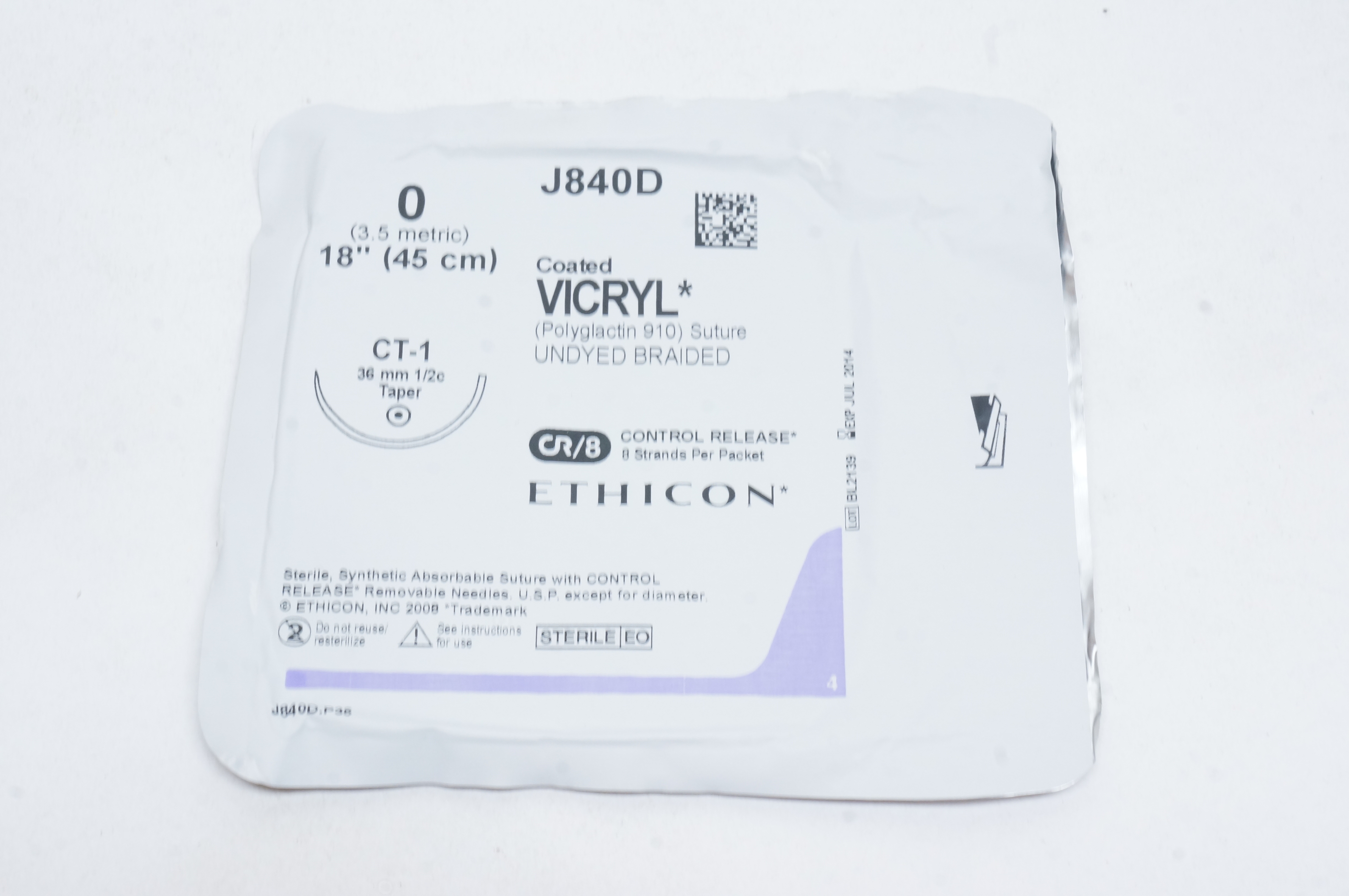 Ethicon J840D 0 VICRYL, CT-1, 36mm 1/2c Taper, 18inch (x)
