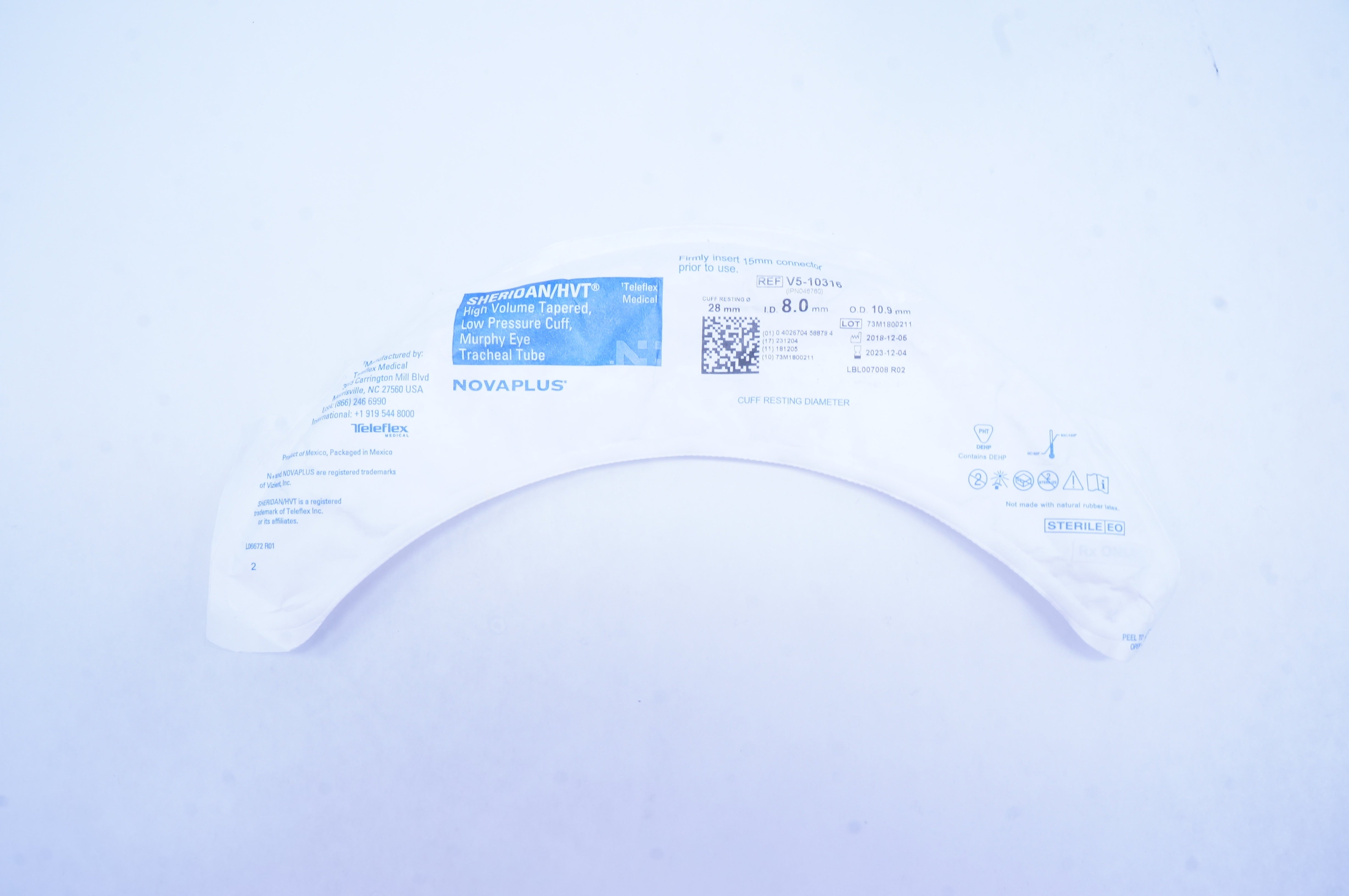 Teleflex V5-10316 Novaplus Sheridan/HVT Tracheal Tube 8.0 ID x 10.9 OD x 28mm