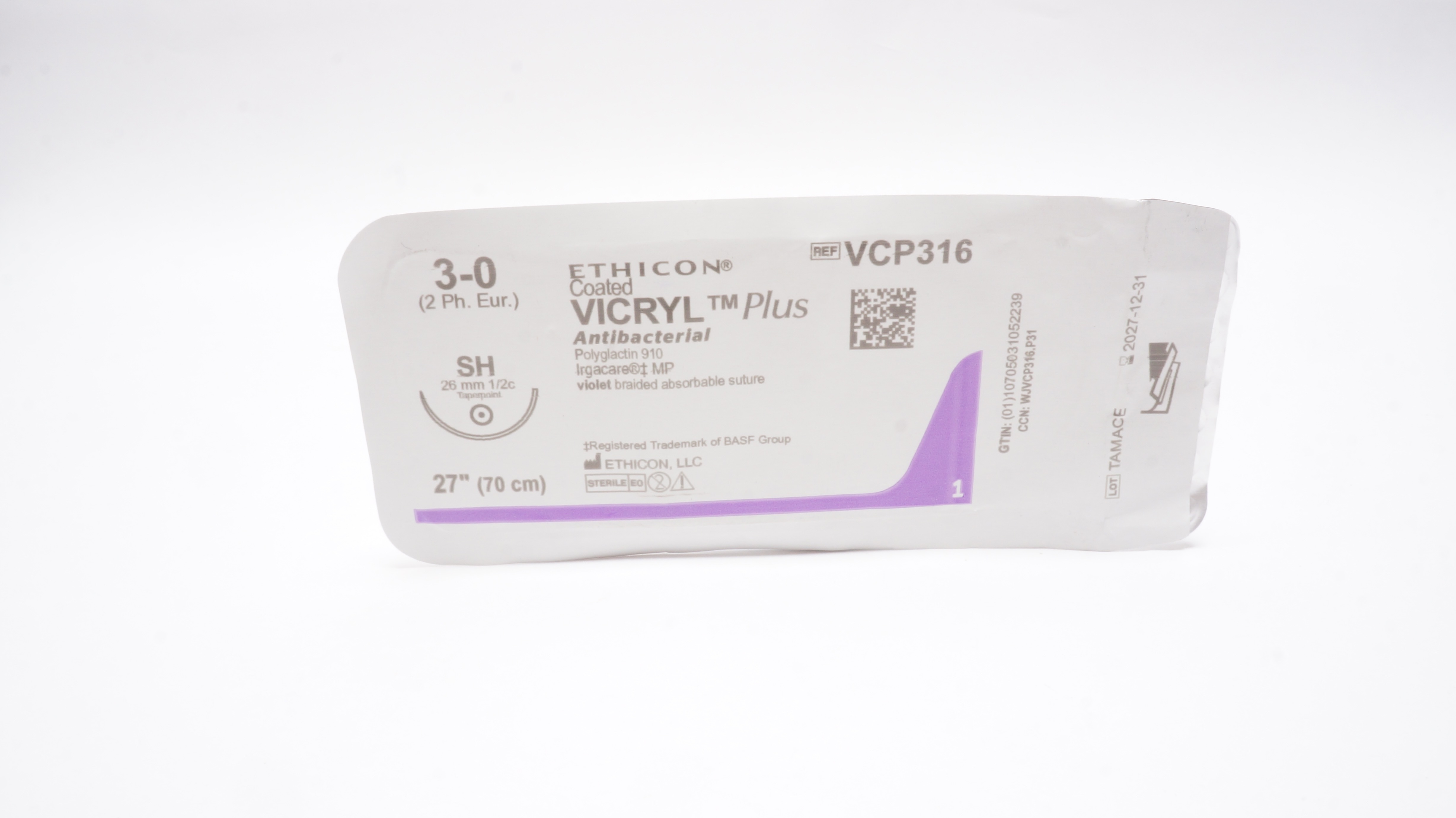 Ethicon VCP316 3-0 VICRYL Plus W/ Irgacare MP Stre SH 26mm 1/2c Taper 27inch