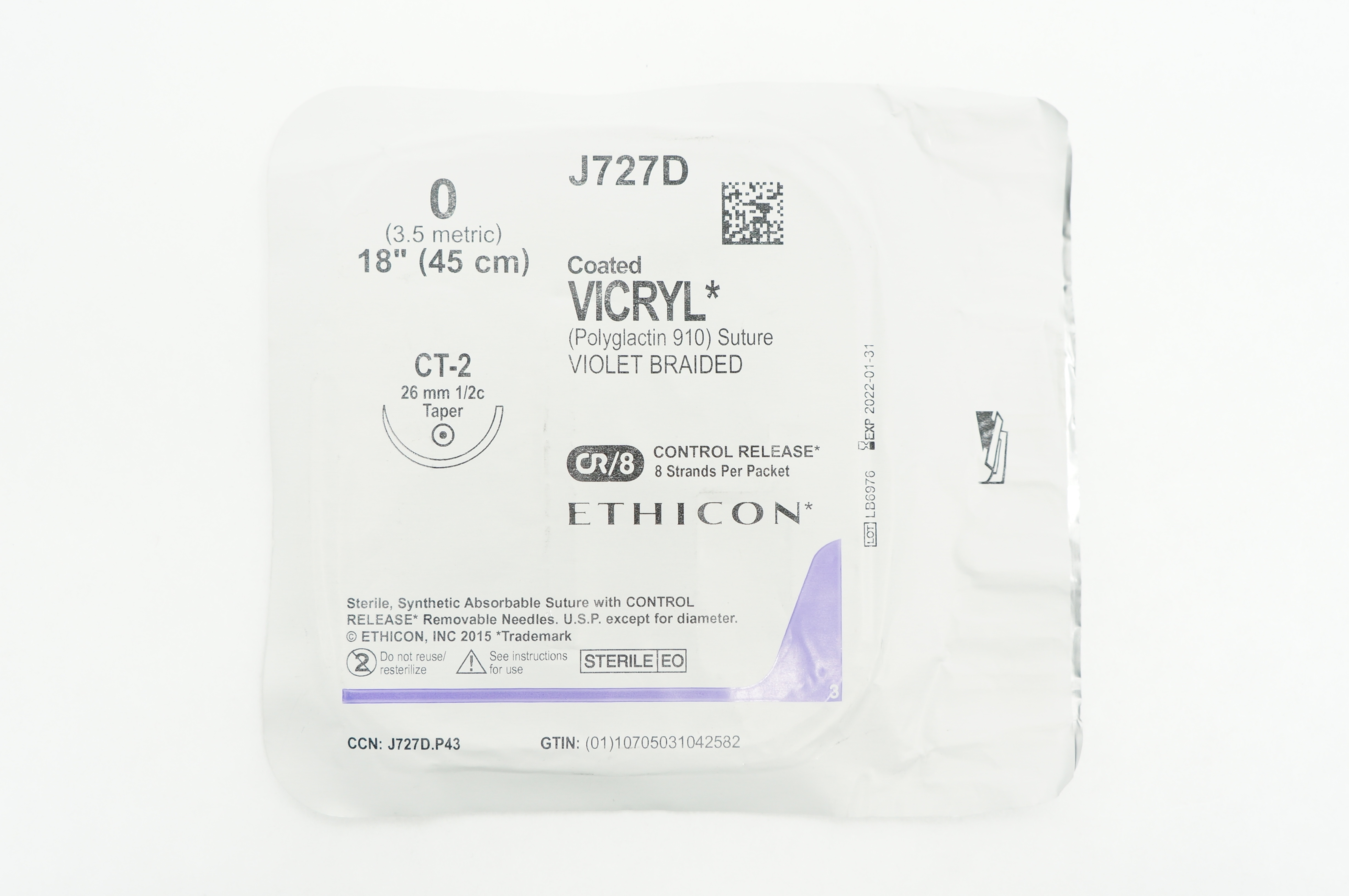 Ethicon J727D 0 VICRYL CT-2 26mm 1/2c Taper 18inch (x)