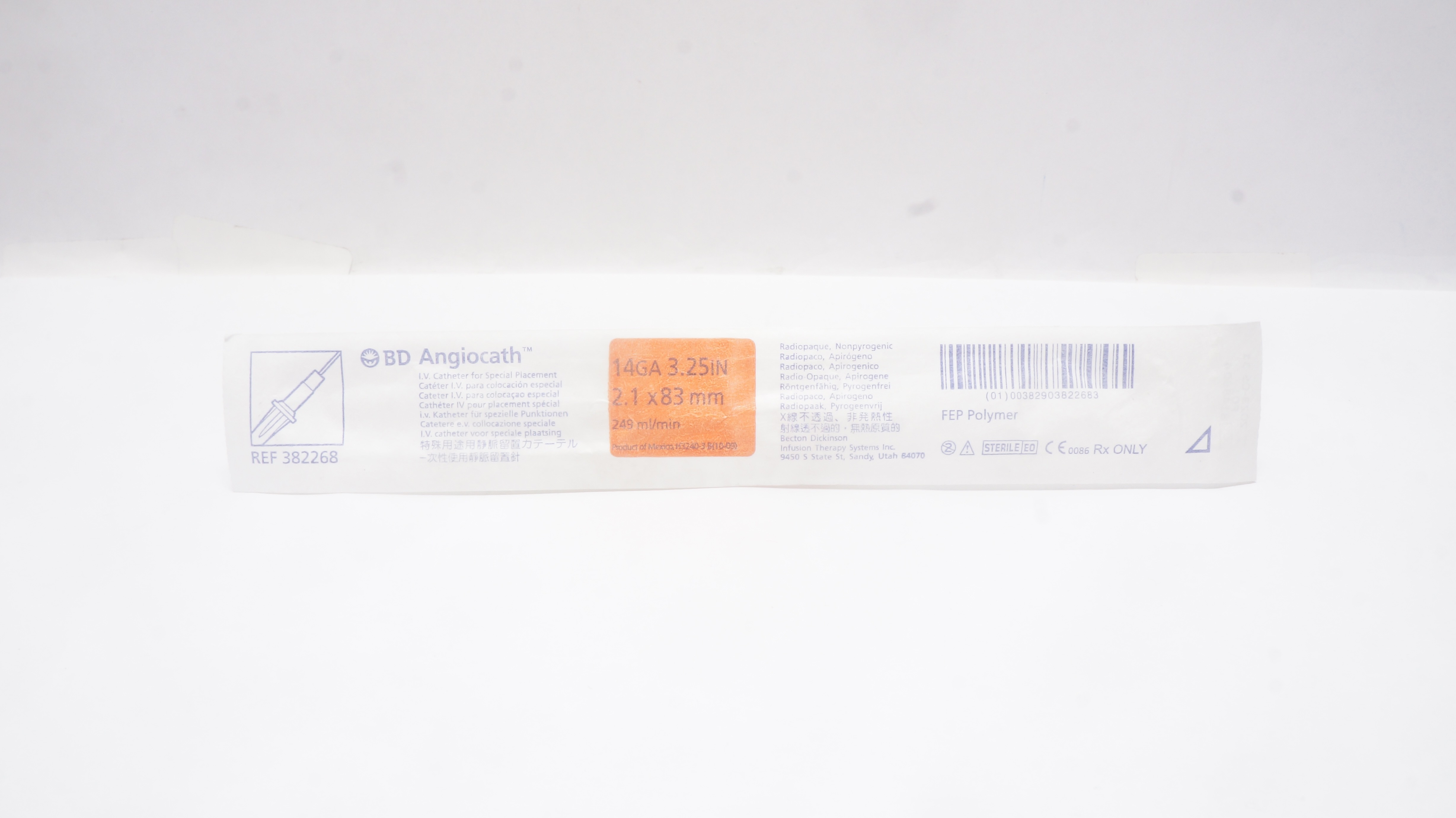 BD 382268 Angiocath IV Cath. for Special Placement 14GA x 3.25in. x 249mL/min(x)