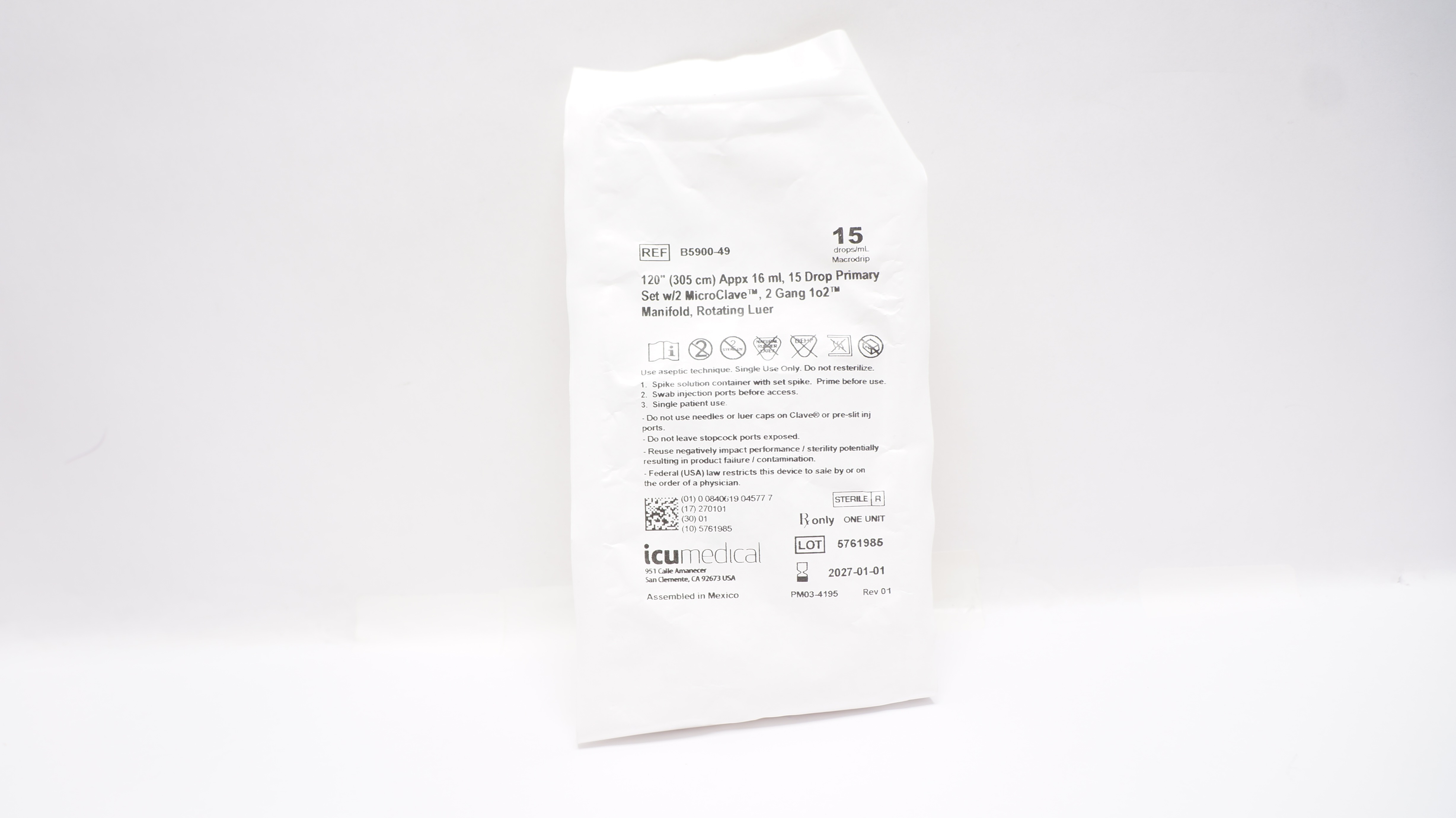 ICU Medical B5900-49 Primary Set 120inch Approx 16 ml, 15 drops/mL Primary Set