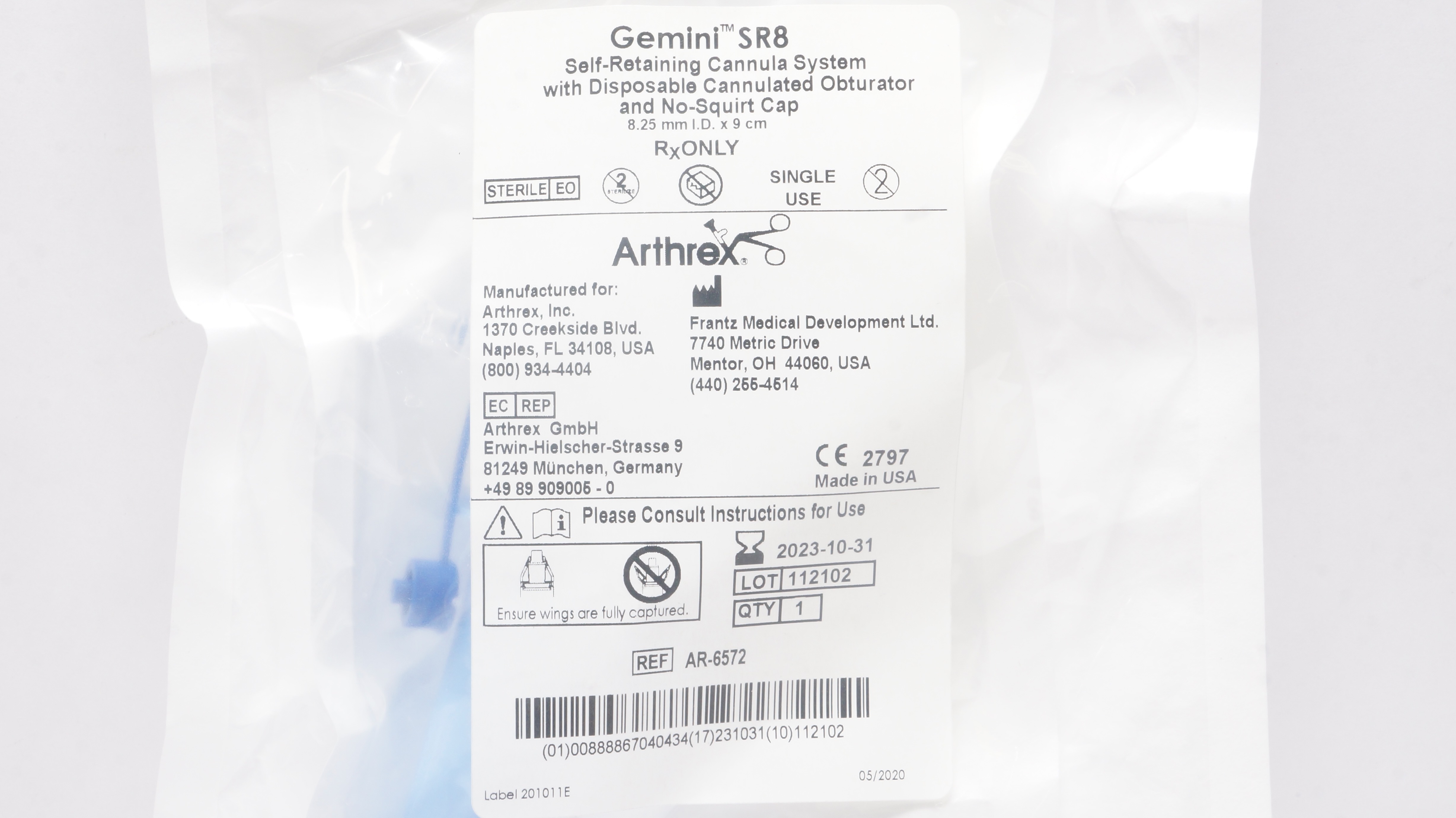 Arthrex AR-6572 Gemini SR8 Self-Retaining Cannula System 8.25mm I.D. x 9cm