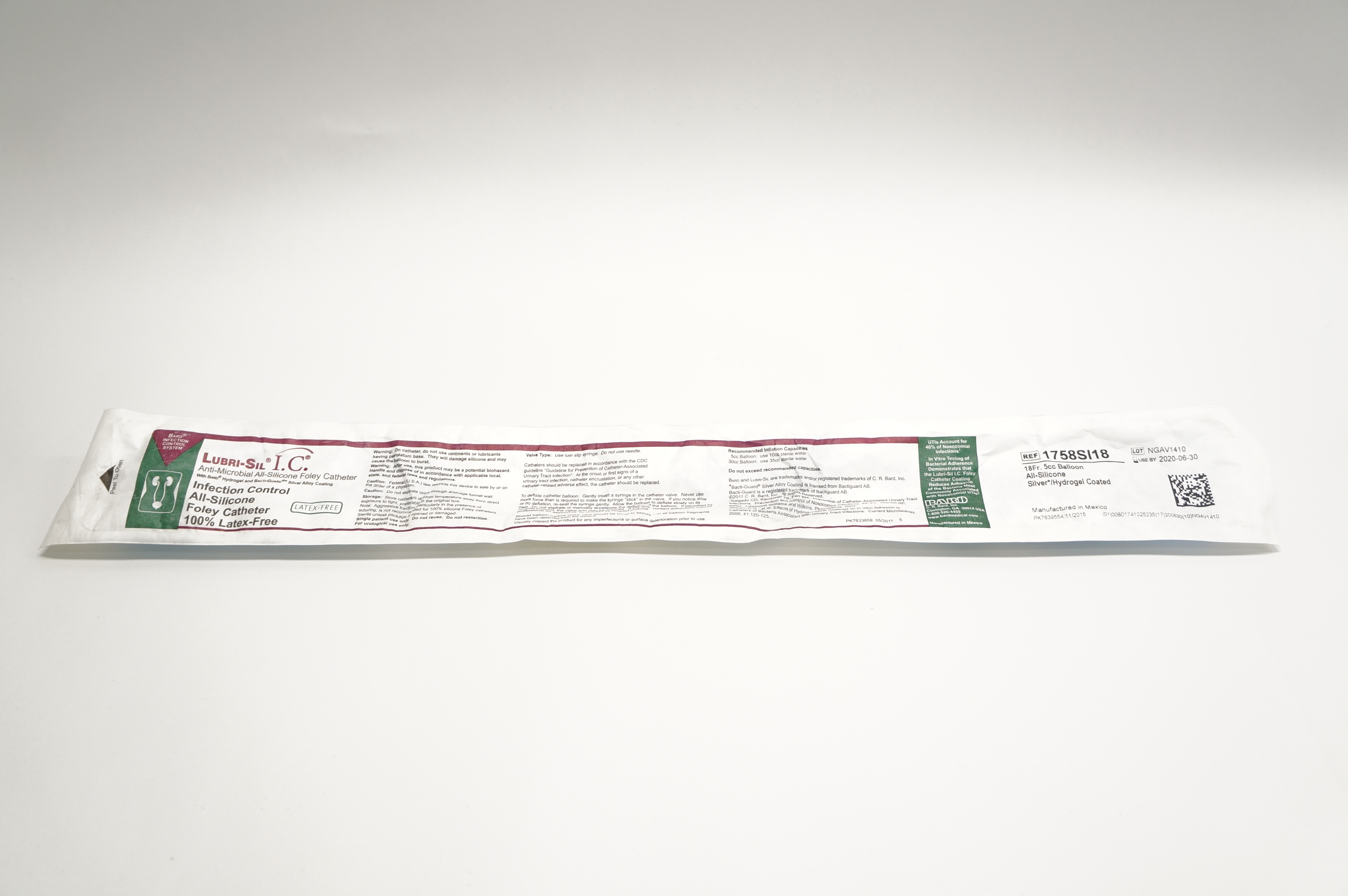 Bard 1758SI18 Lubri-Sil I.C. Anti-Microbial All-Silicone Foley Cath. 18Fr