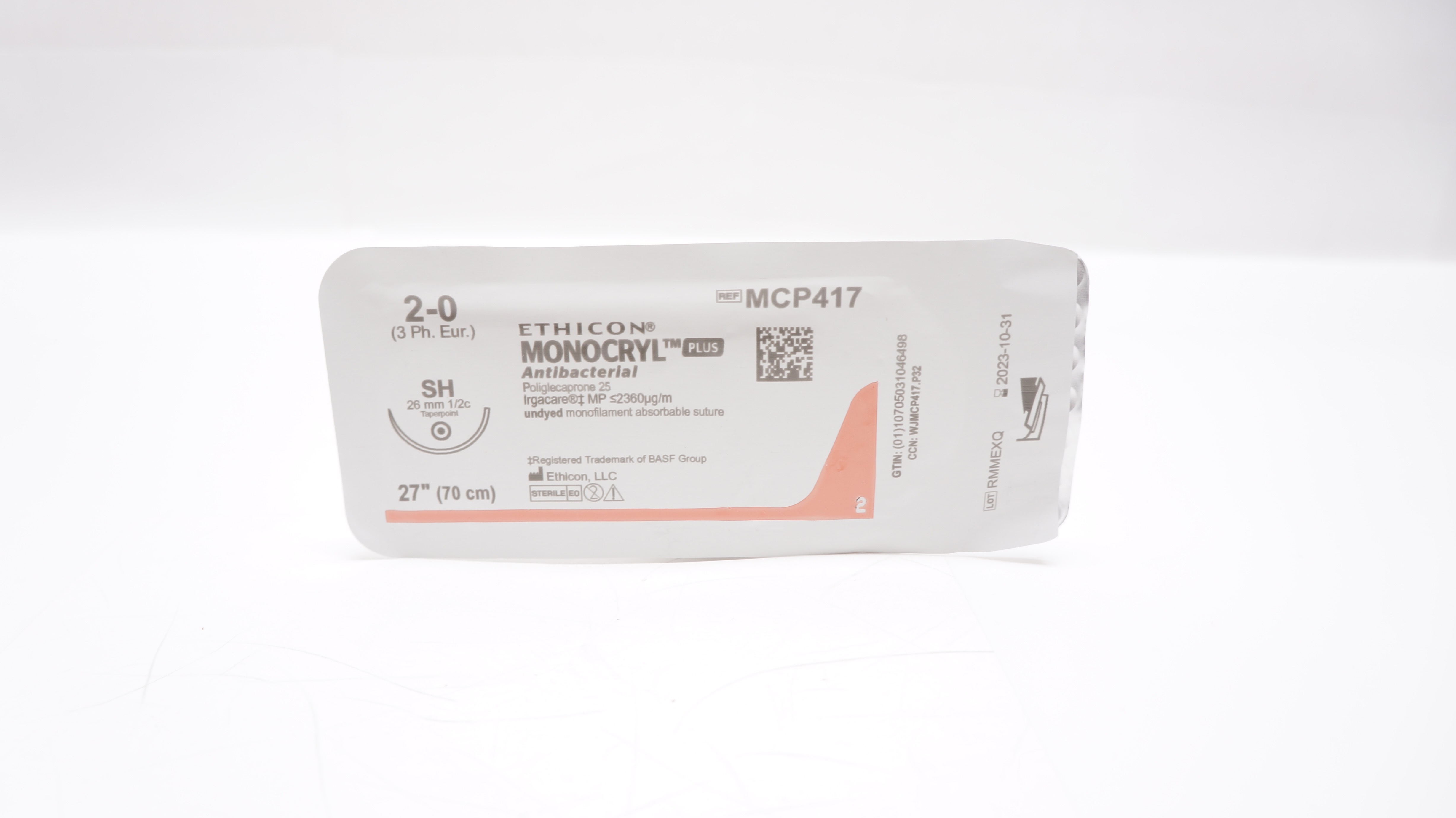 Ethicon MCP417 2-0 MONOCRYL Plus, SH,  26mm 1/2c Taper, 27inch (x)