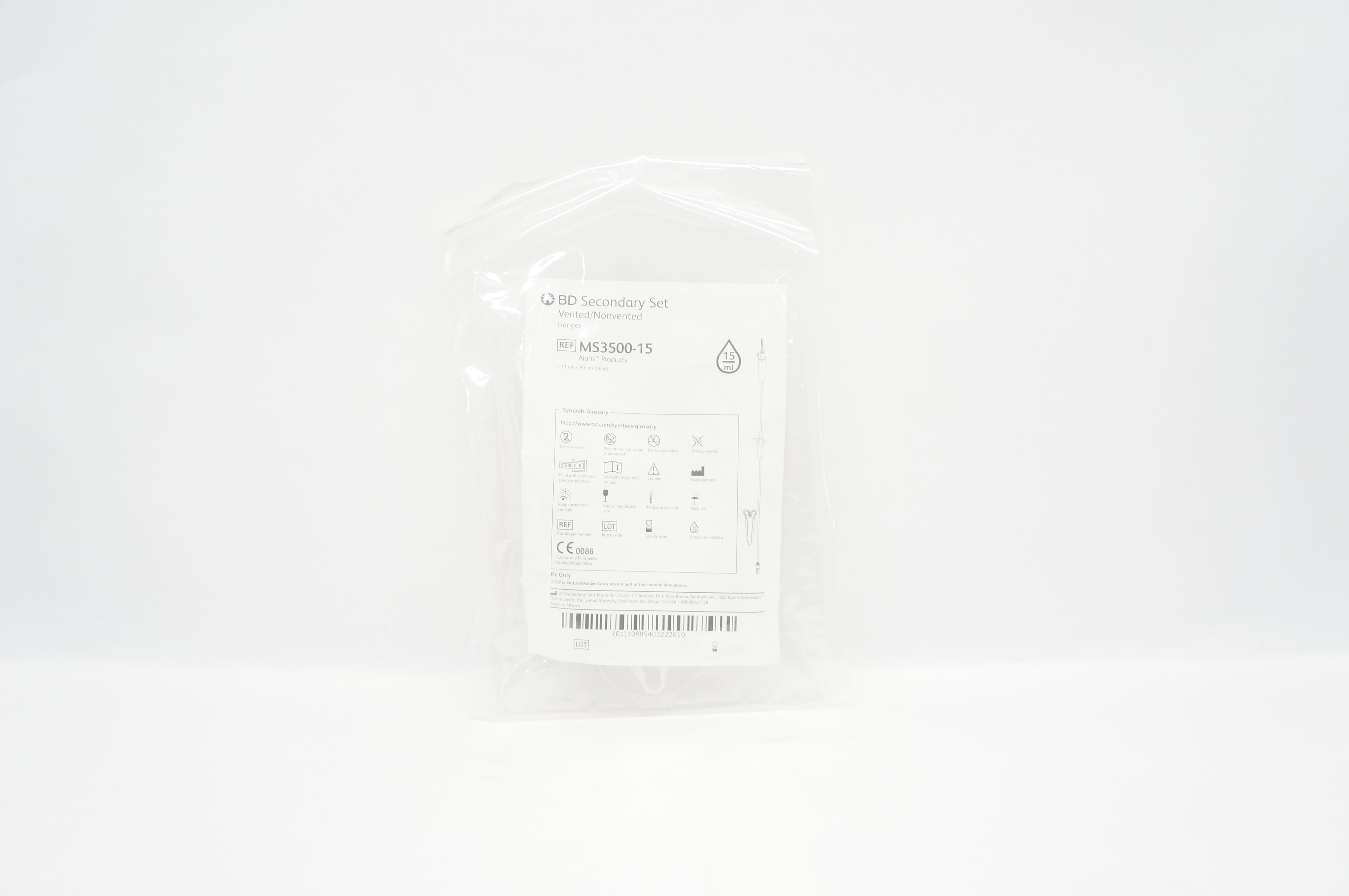 BD MS3500-15 Alaris Secondary Set Vented/Nonvented Hanger 15mL, 36inch (x)