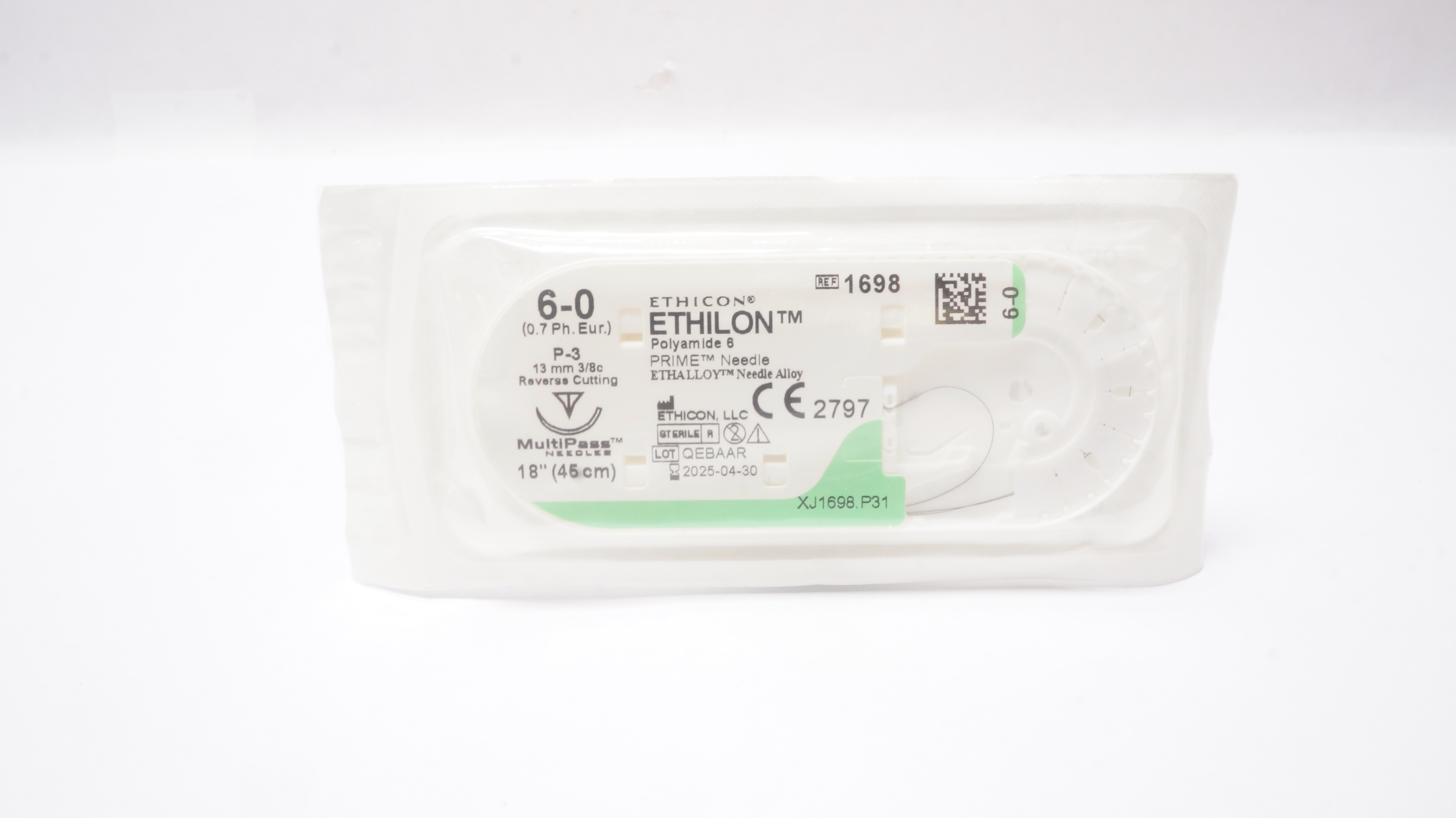 Ethicon 1698 6-0 ETHILON Stre P-3 13mm 3/8c Reverse Cutting 18inch