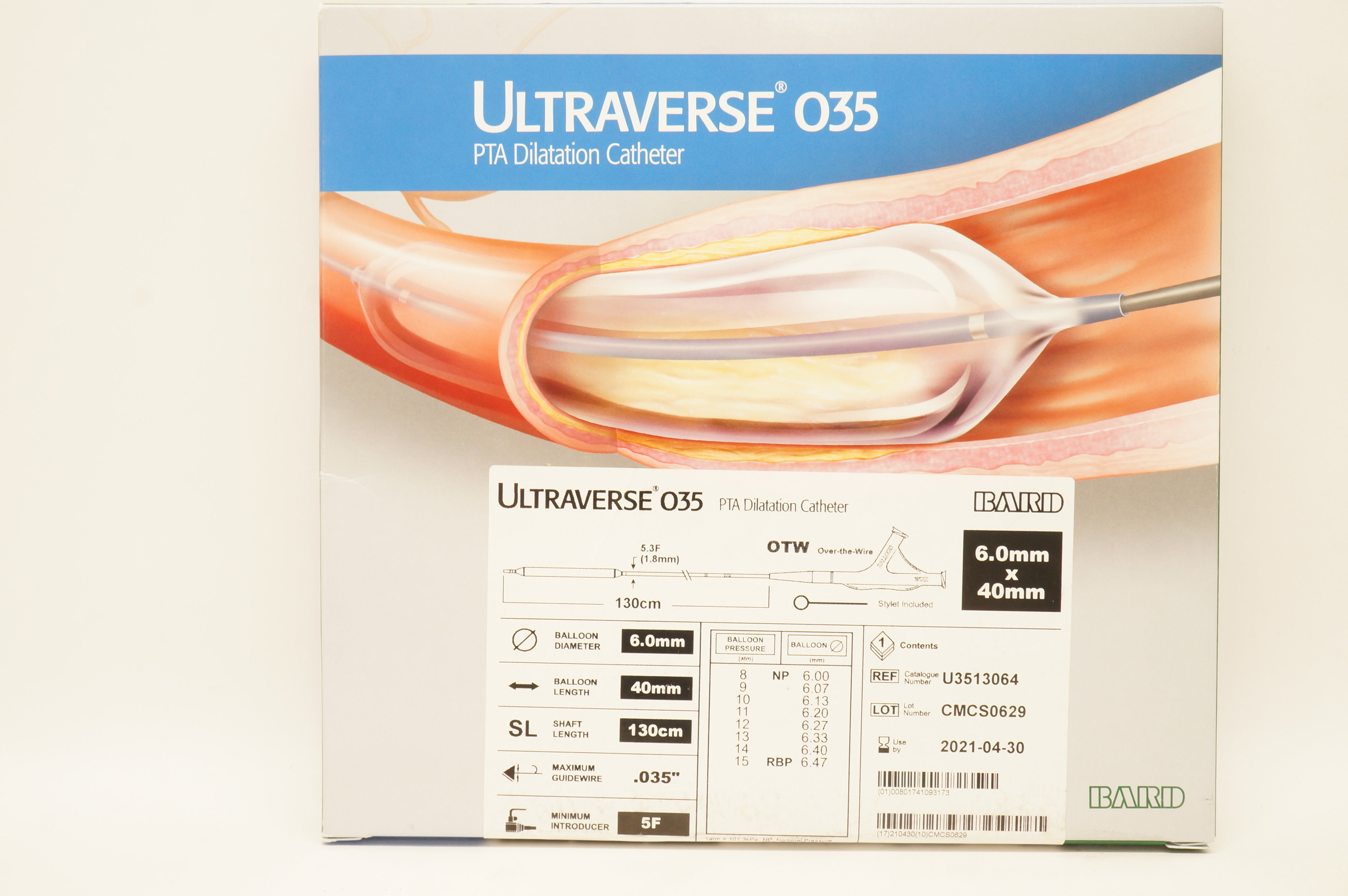 Bard U3513064 Ultraverse 035 PTA Dilatation Cath. 5F x 130cm x 6.0 x 40mm (x)