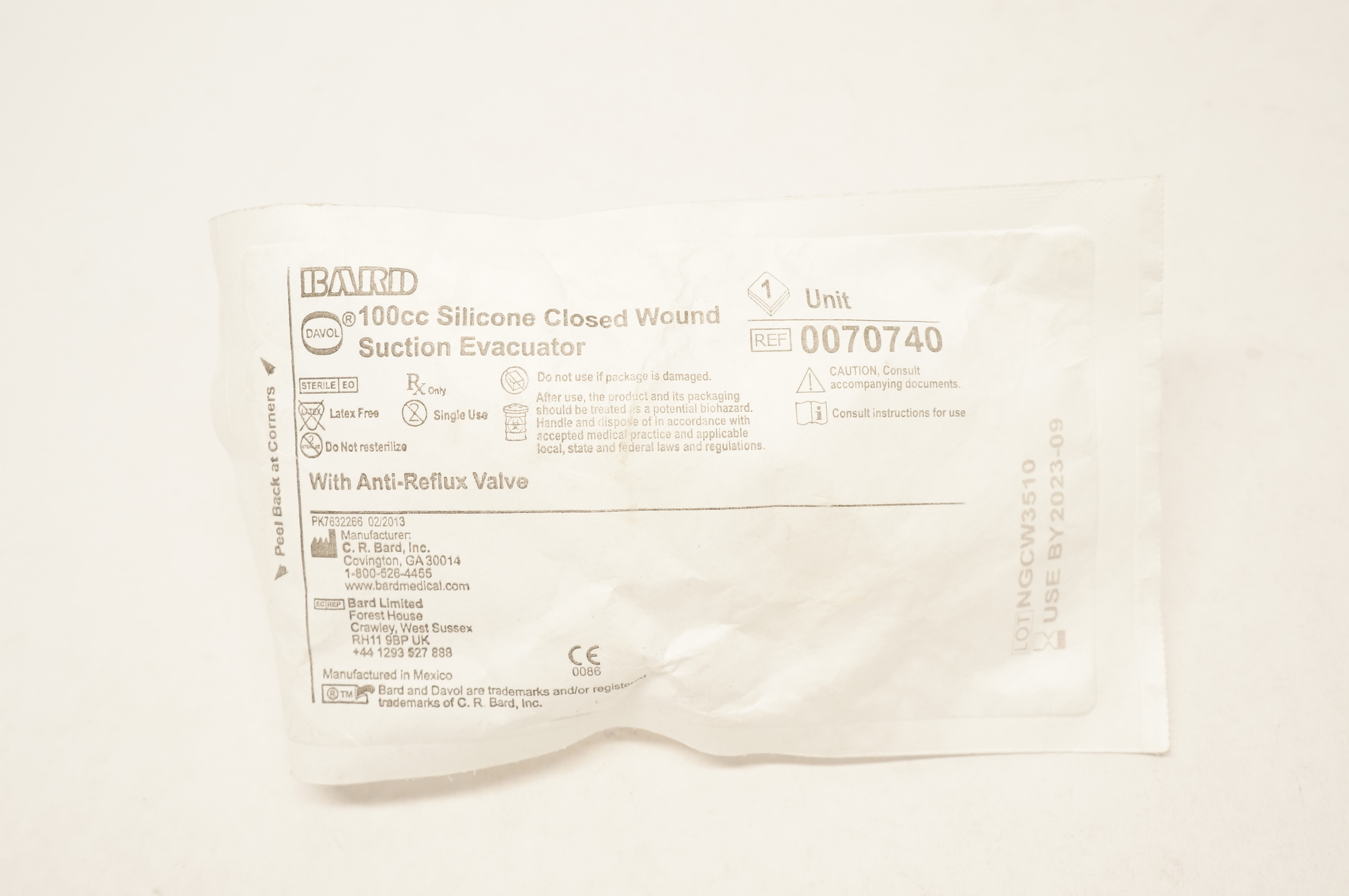 Bard 0070740 Davol 100cc Silicone Closed Wound Suction Evacuator