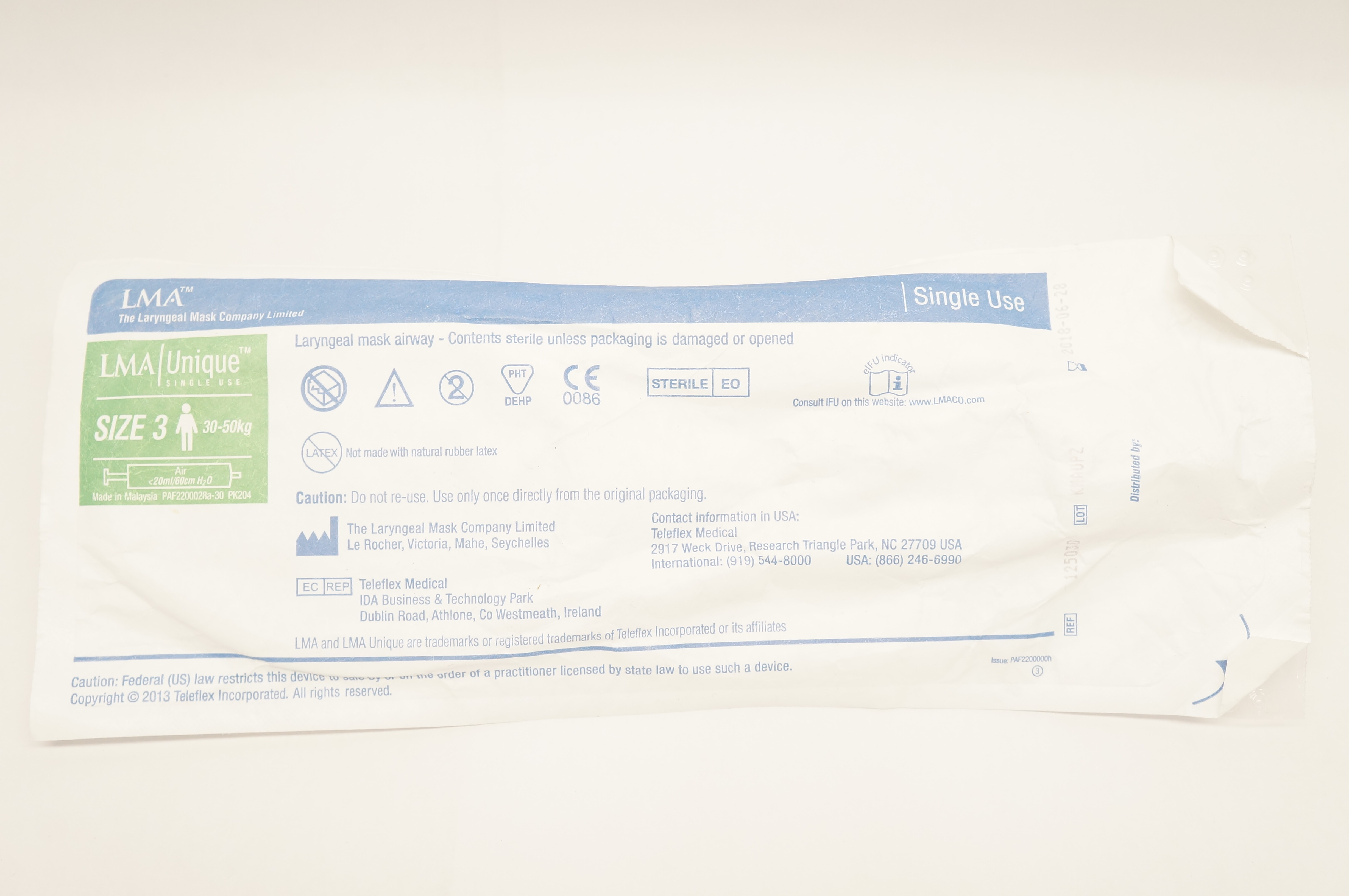 Teleflex 125030 LMA Unique Laryngeal MaskAirway Size 3 30-50kg <20ml/60cm H2O(x)