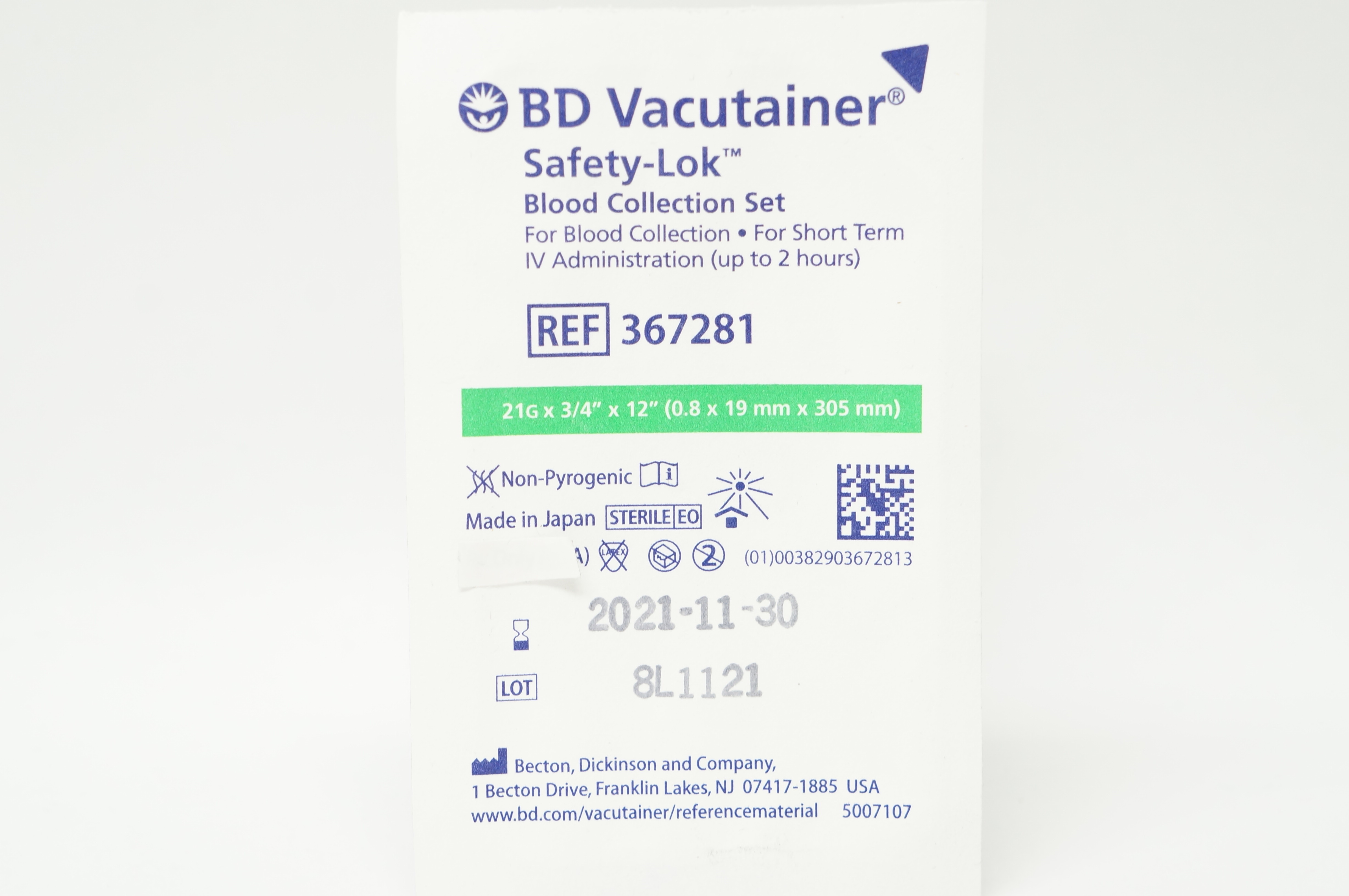 BD 367281 Safety-Lok Blood Collection Set 21G x 3/4inch x 12inch (x)
