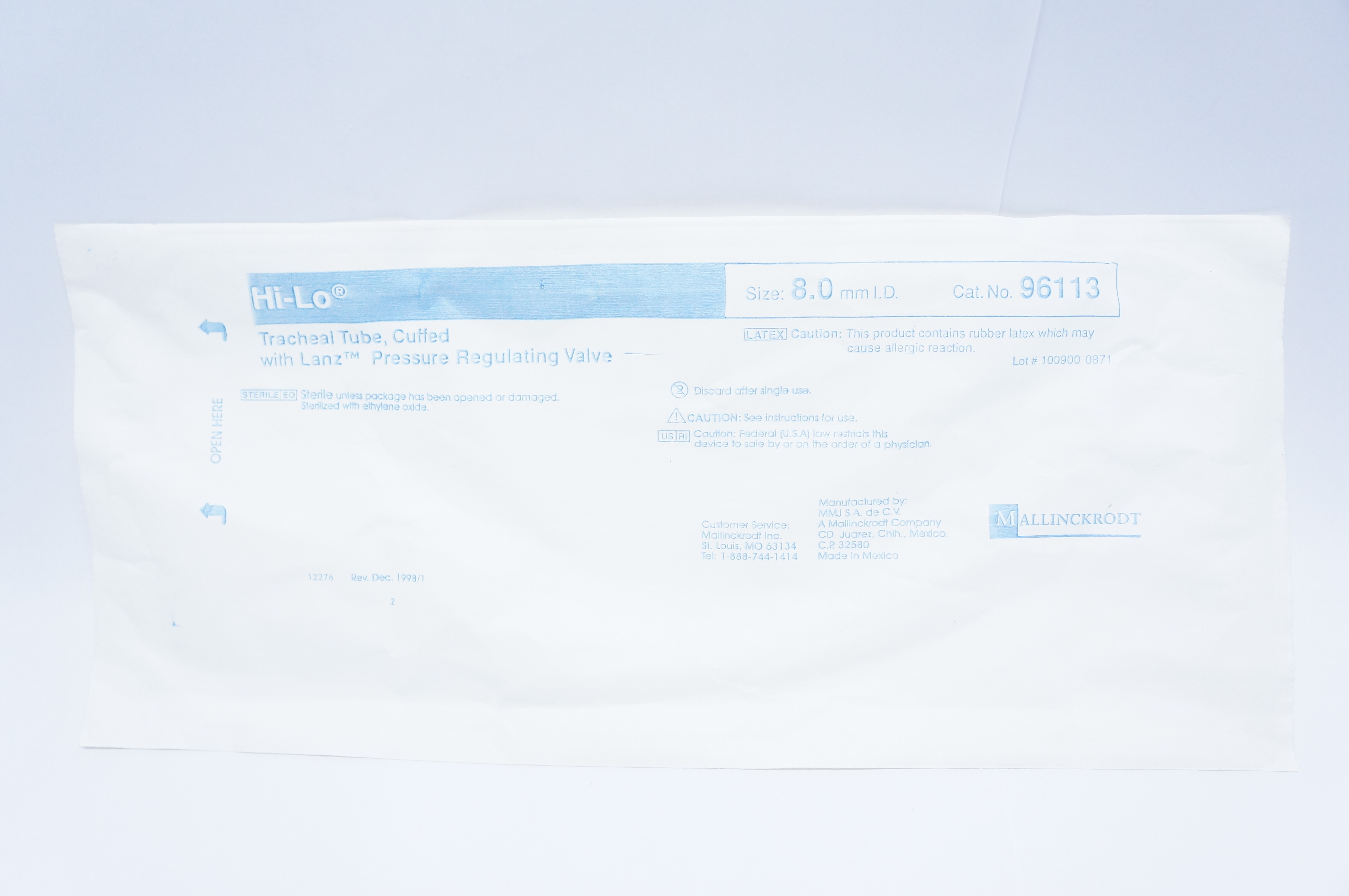 Mallinckrodt 96113 Hi-Lo Tracheal Tube with Lanz Pressure Regulating Valve, 8 mm