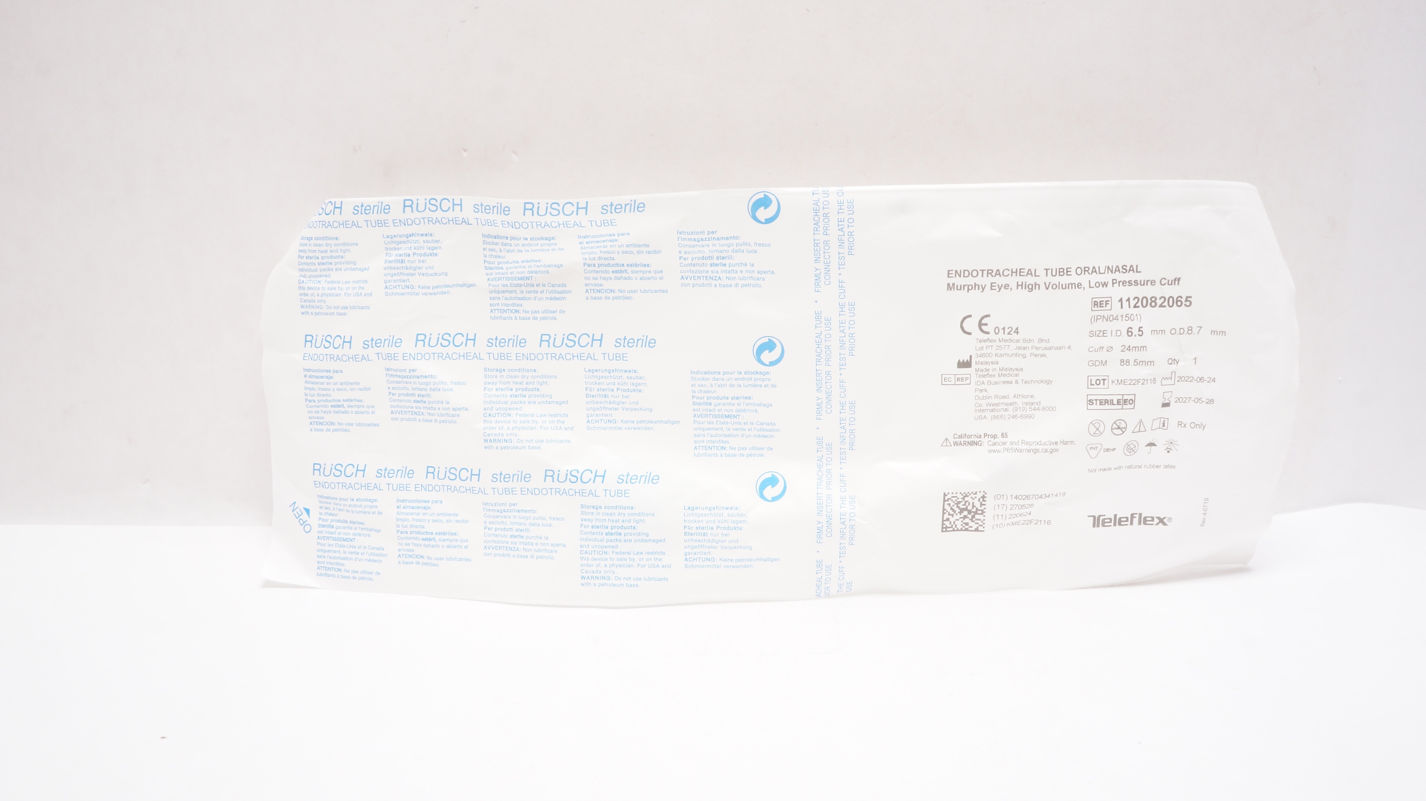 Teleflex 112082065 Oral/Nasal Endotracheal Tube 6.5mm ID x 8.7mm OD x 24.0mm