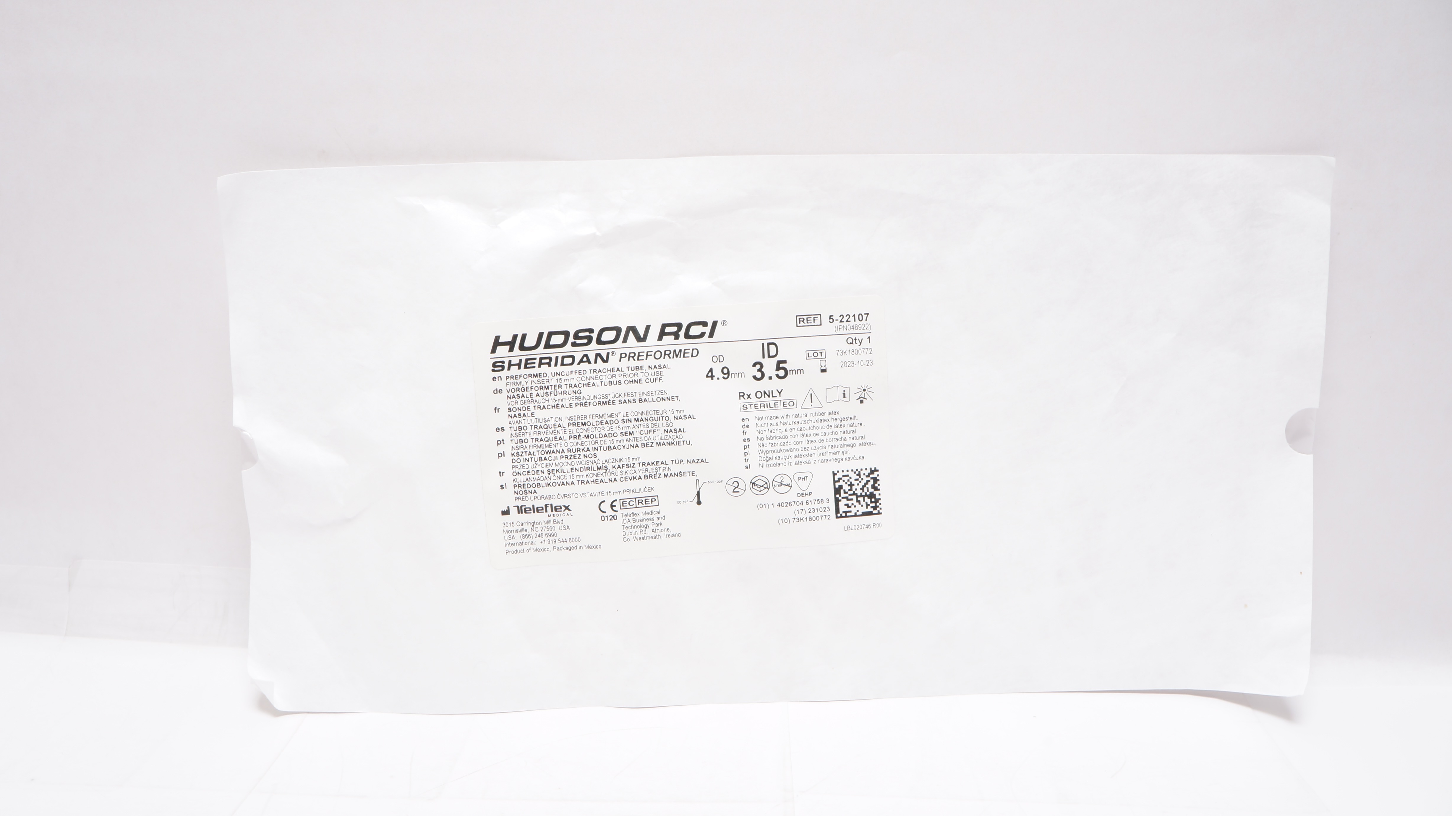Teleflex 5-22107 Hudson RCI Preformed Uncuffed Tracheal Tube 3.5 ID x 4.9mmOD(x)