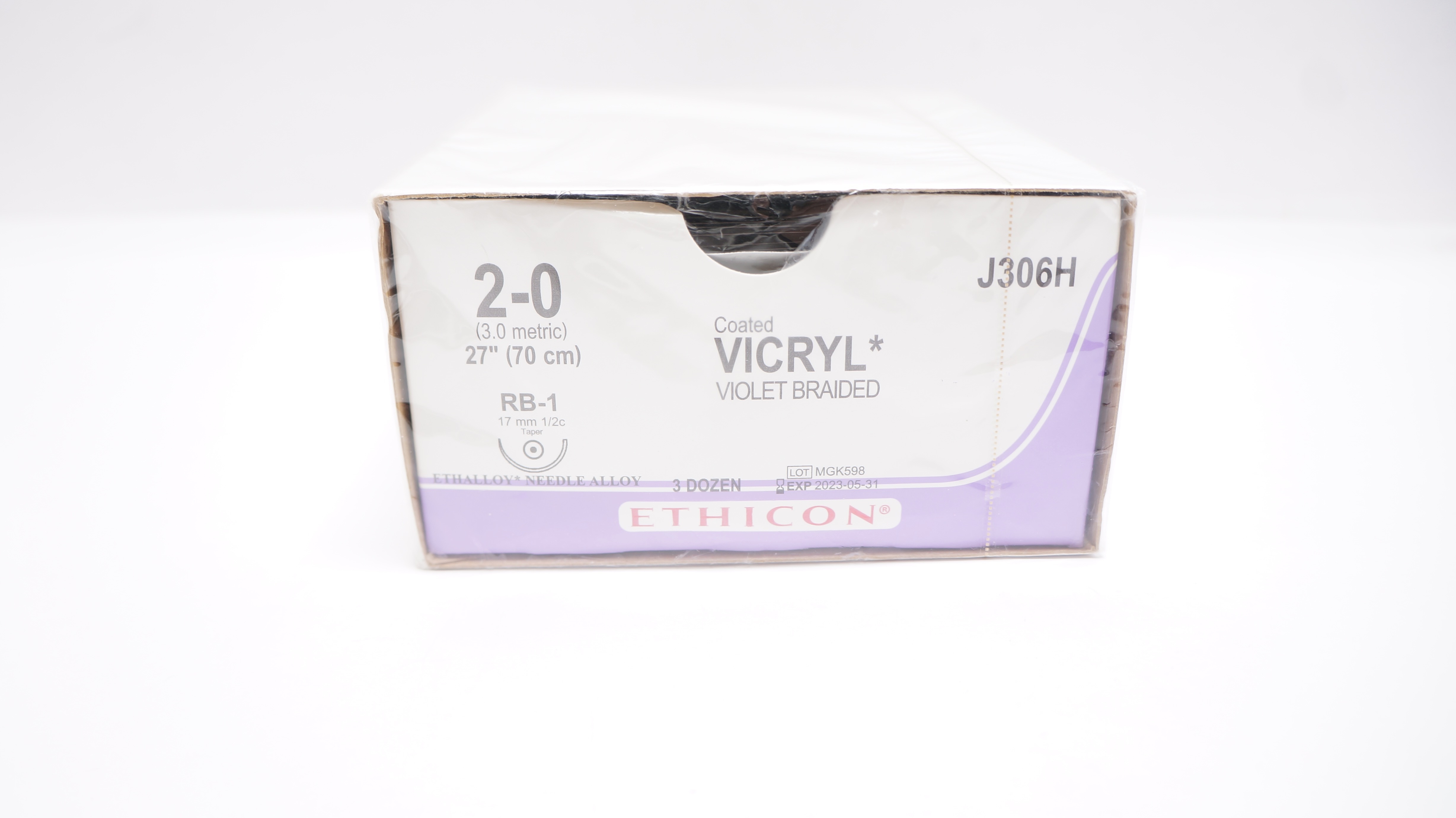 Ethicon J306H 2-0 Coated Vicryle, RB-1, 17mm 1/2c  Taper, 27inch (x) - Box of 36