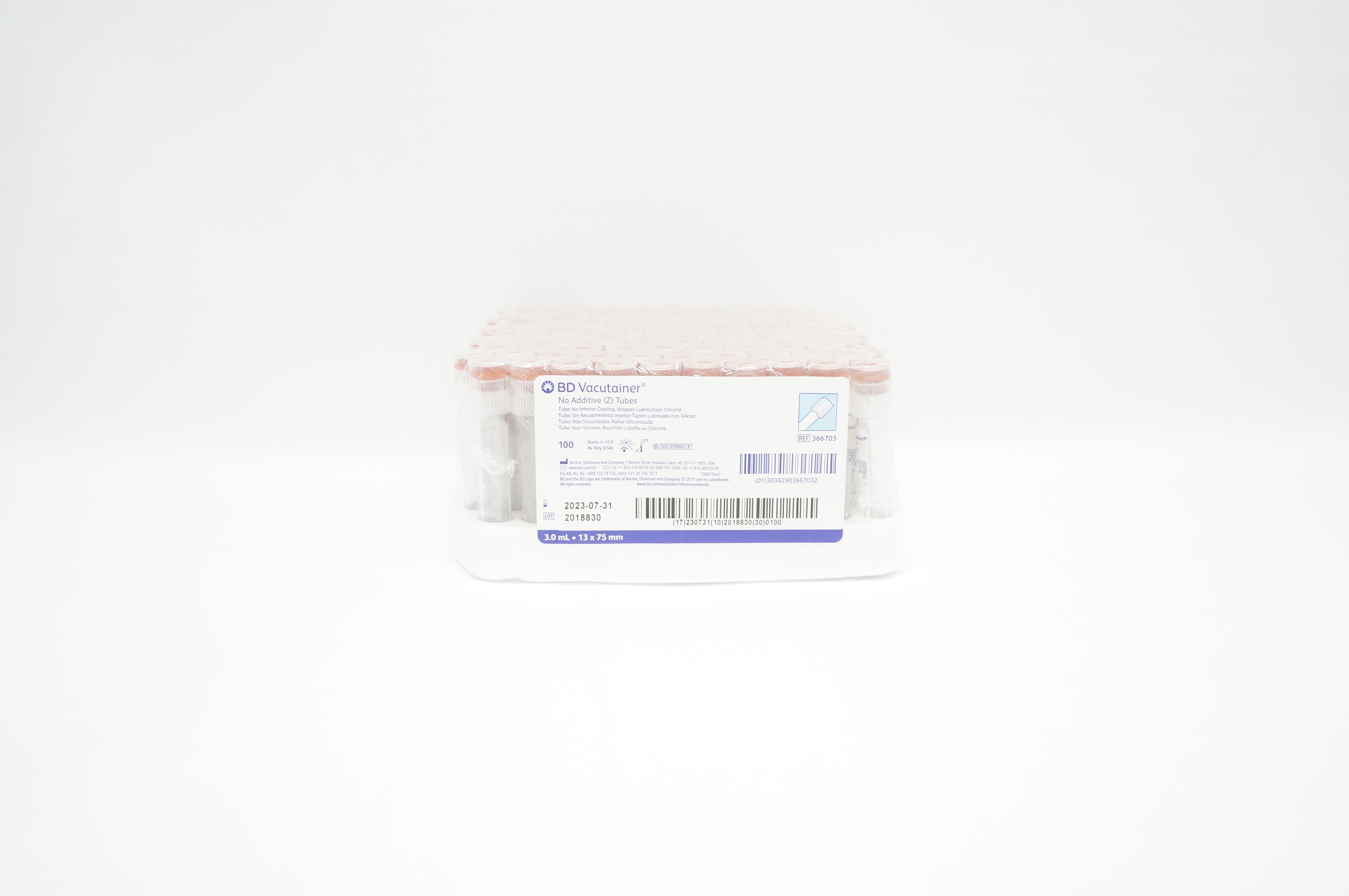 BD 366703 Vacutainer No Additive Z Tubes 3.0mL 13 x 75mm - Box of 100