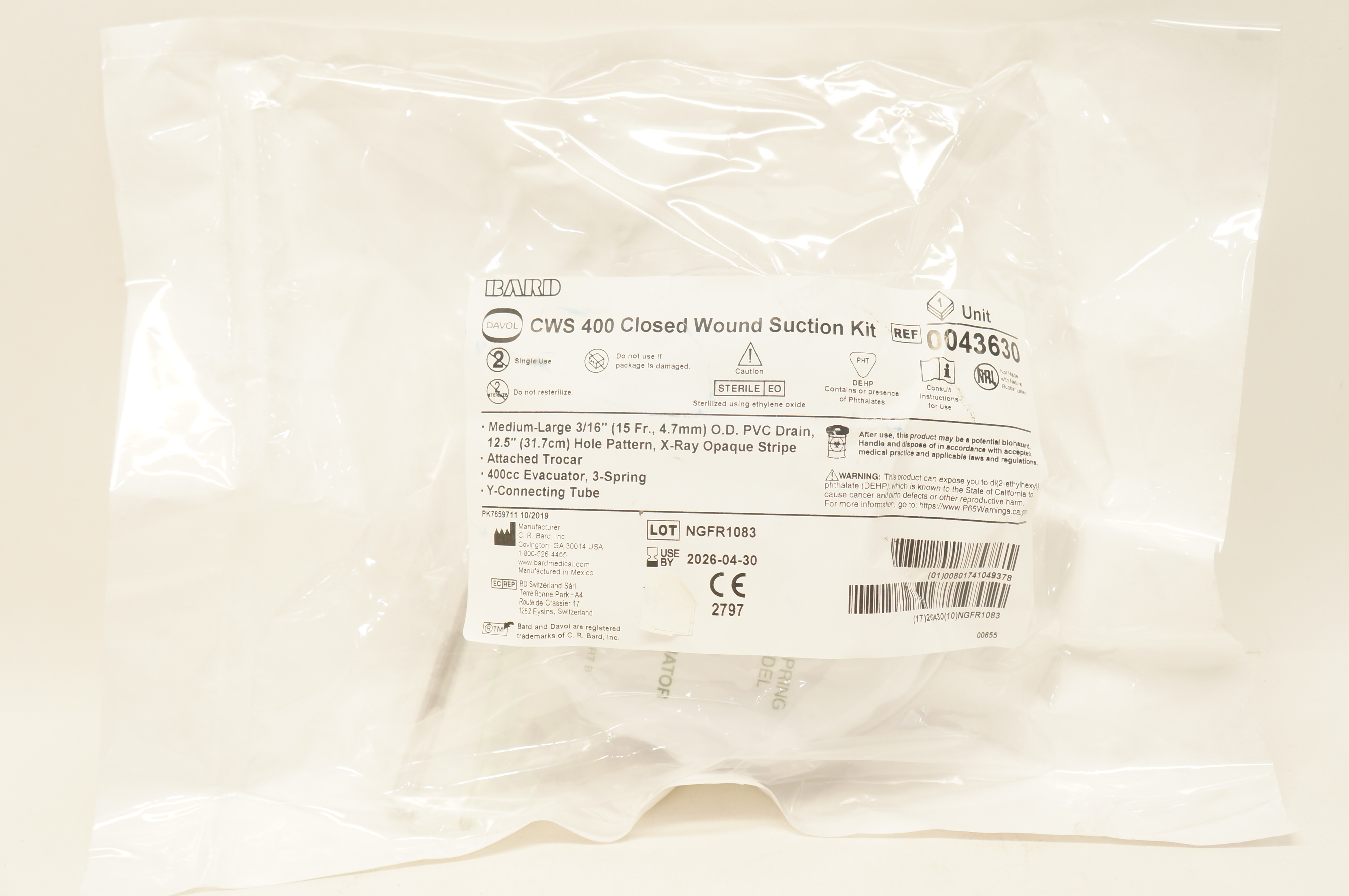 Bard 0043630 Davol CWS 400 Closed Wound Suction Kit