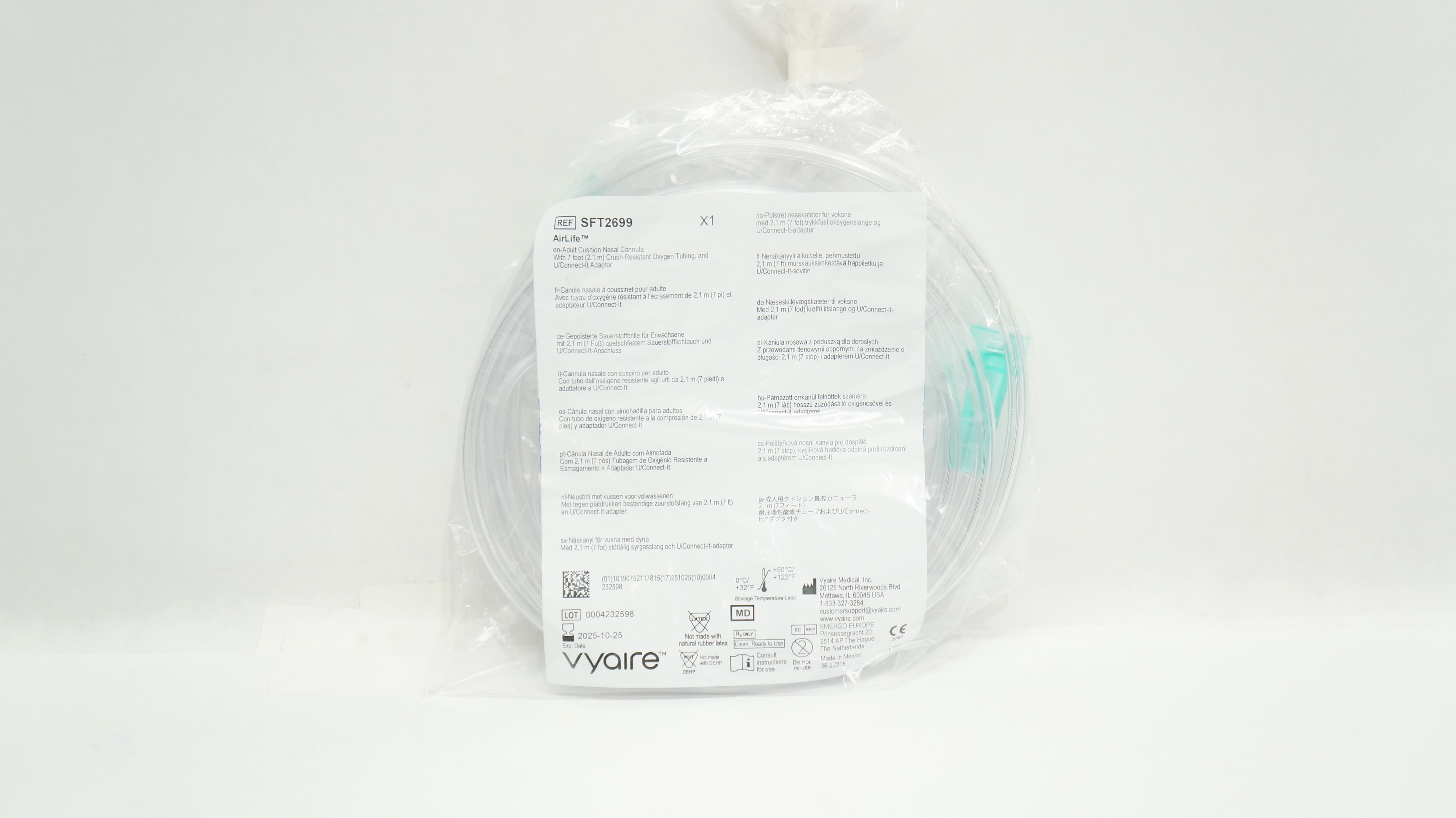 Vyaire SFT2699 AirLife Adult Cushion Nasal Cannula with Tubing 7ft.