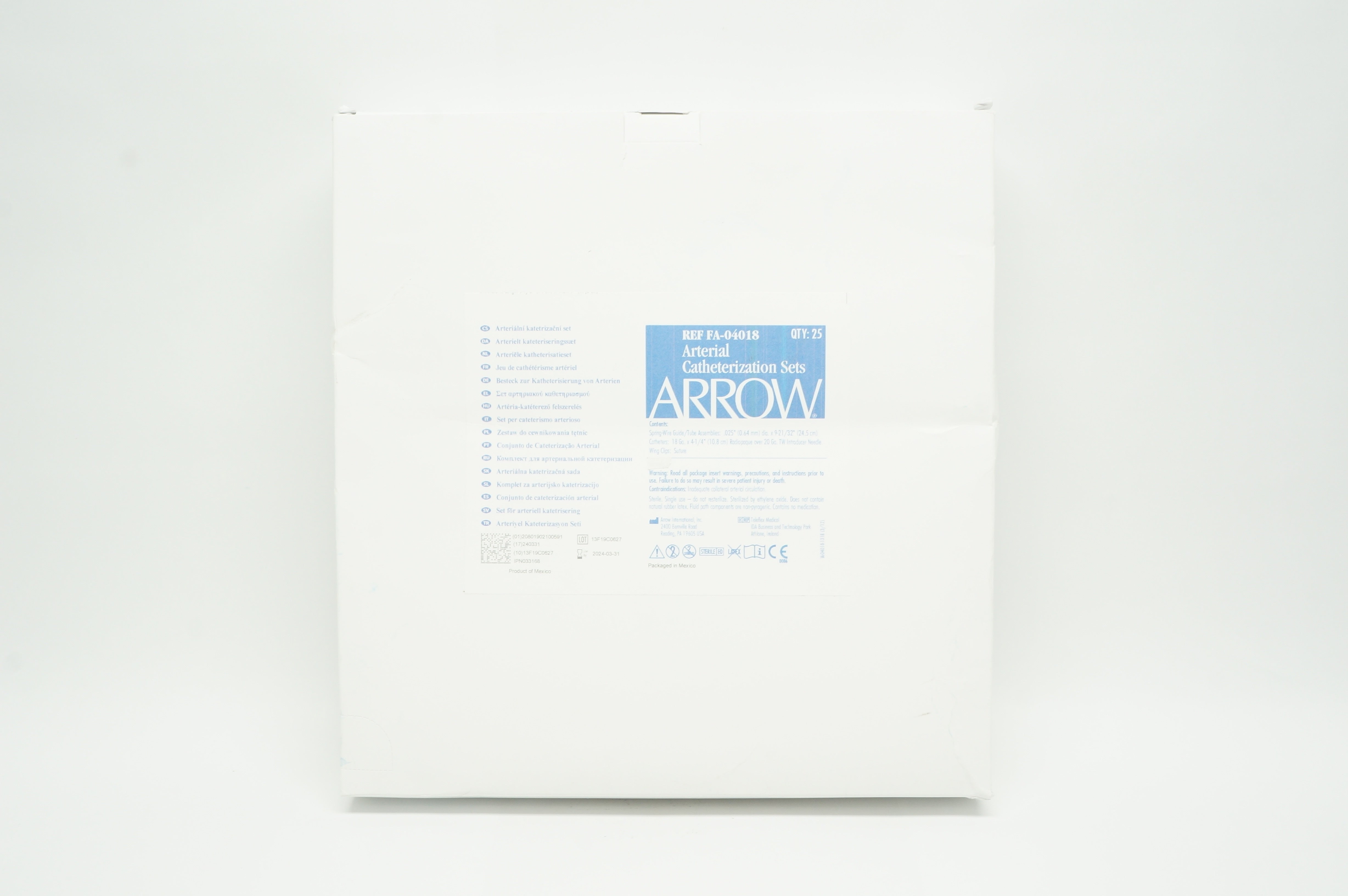 Arrow FA-04018 Arterial Catheterization Set 18Ga. x 4-1/4inch - Box of 25