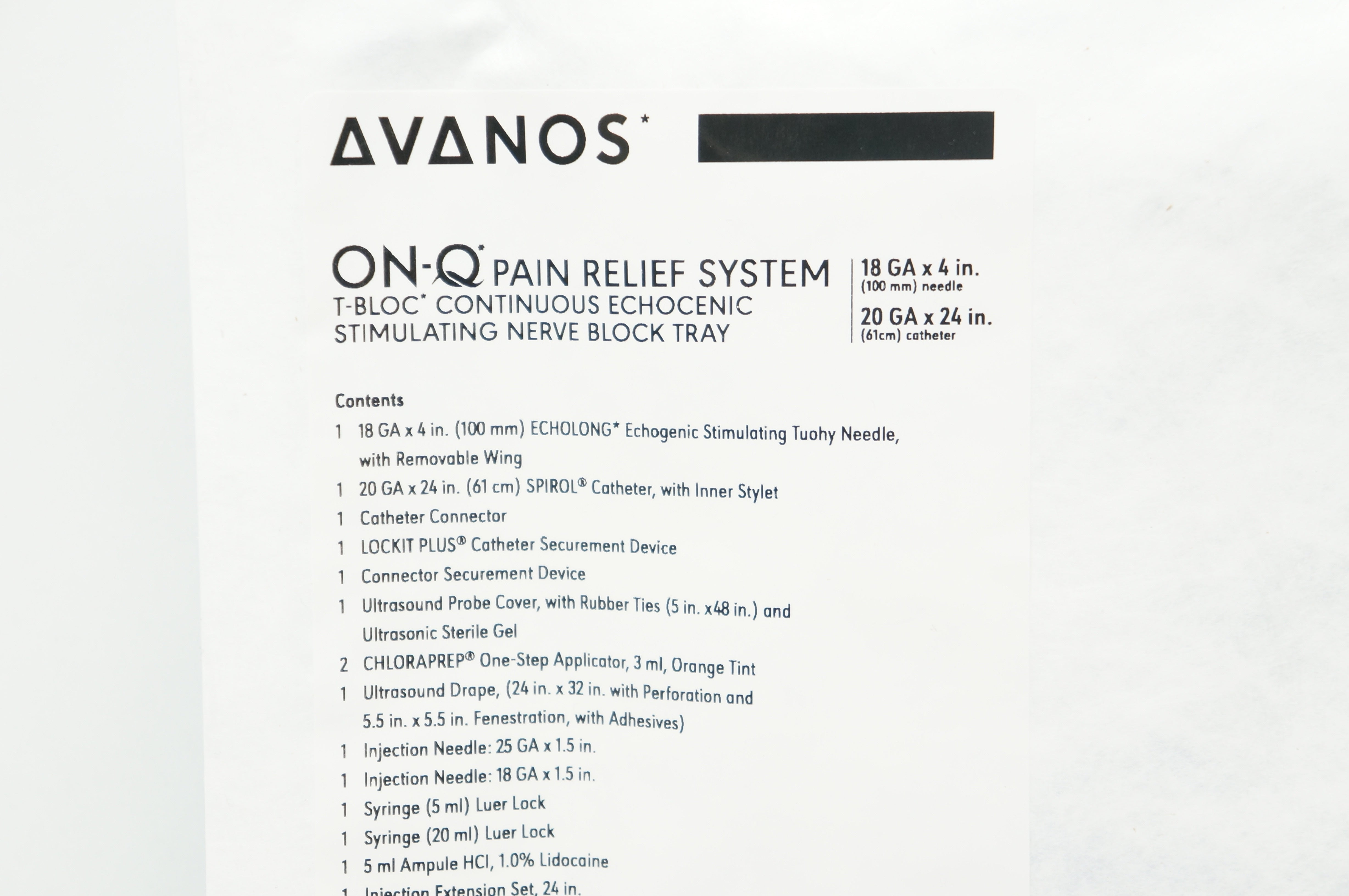 Halyard TBT02100ST On-Q Pain Relief System T-Bloc 18GA x4 in.needle, 20GA x24in.