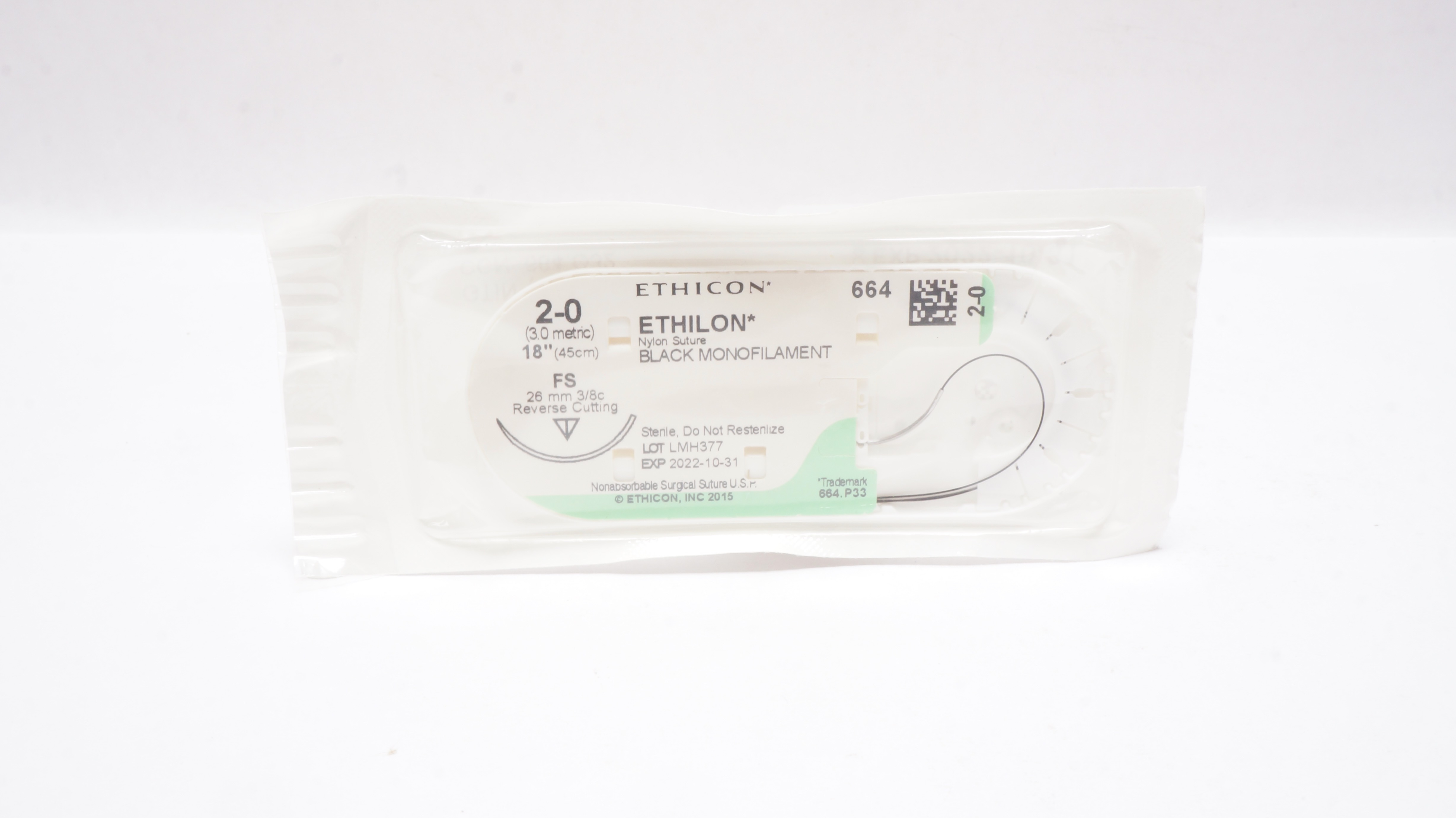 Ethicon 664 2-0 Ethilon Nylon Stre FS 26mm 3/8c Reverse Cutting 18 inch (x)