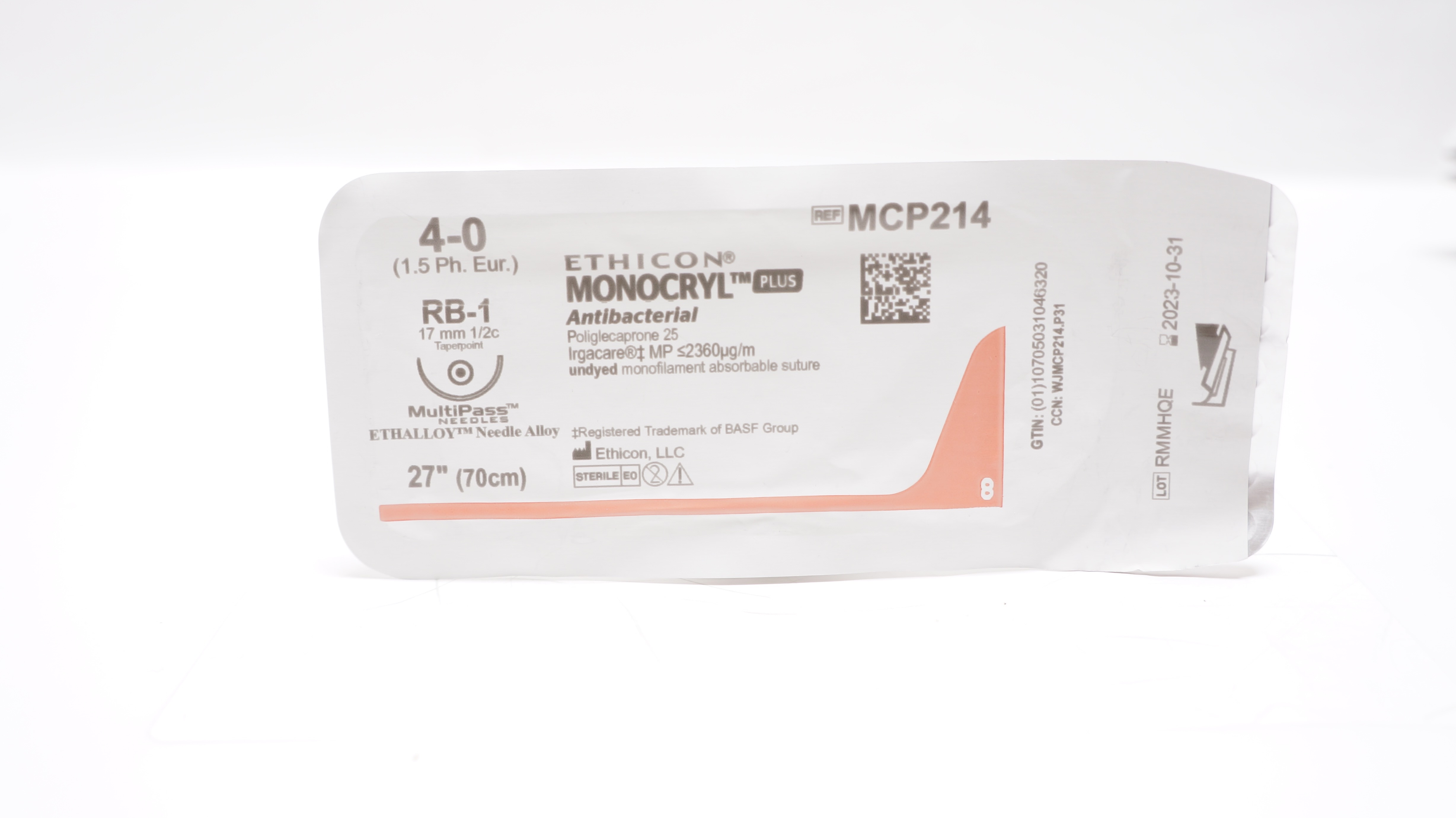 Ethicon MCP214 4-0 Monocryl Plus, RB-1, 17mm 1/2c Taper, 27inch (x)