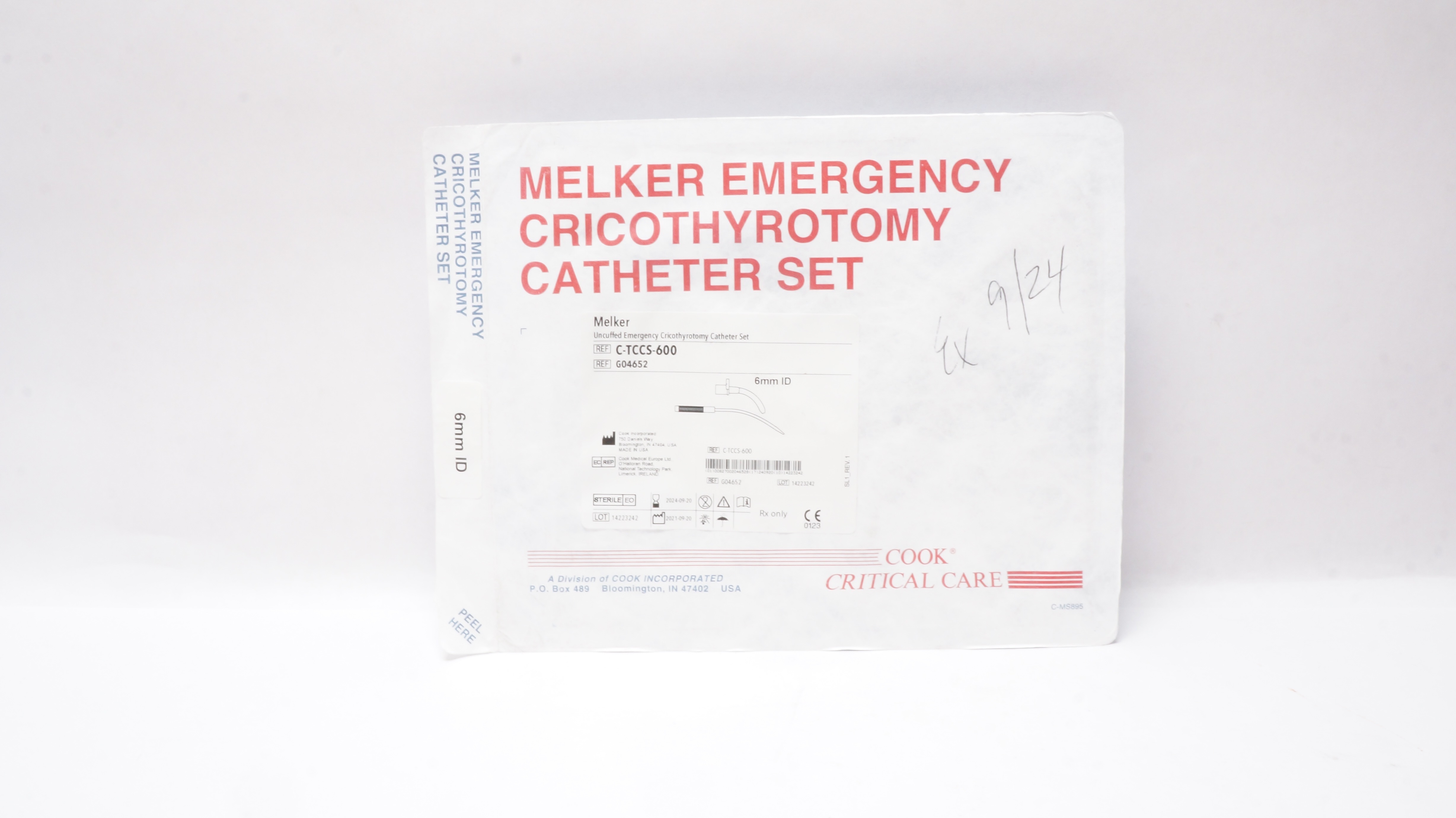 Cook Medical G04652 Melker Uncuffed Emergency Cricothyrotomy Cath. Set 6mm ID