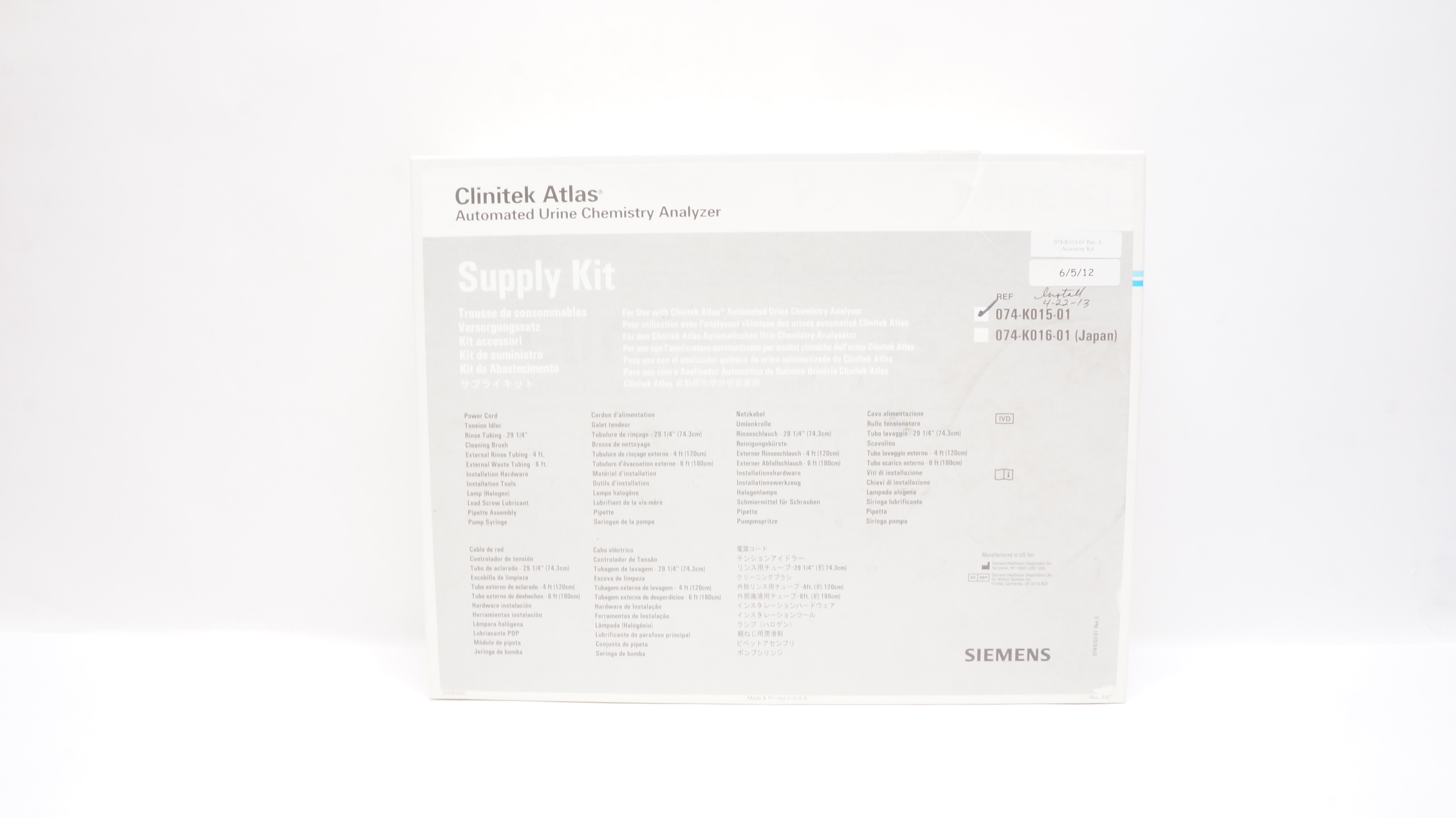 Siemens 074-K015-01 Clinitek Atlas Automated Urine Chemistry Analyzer,Supply Kit