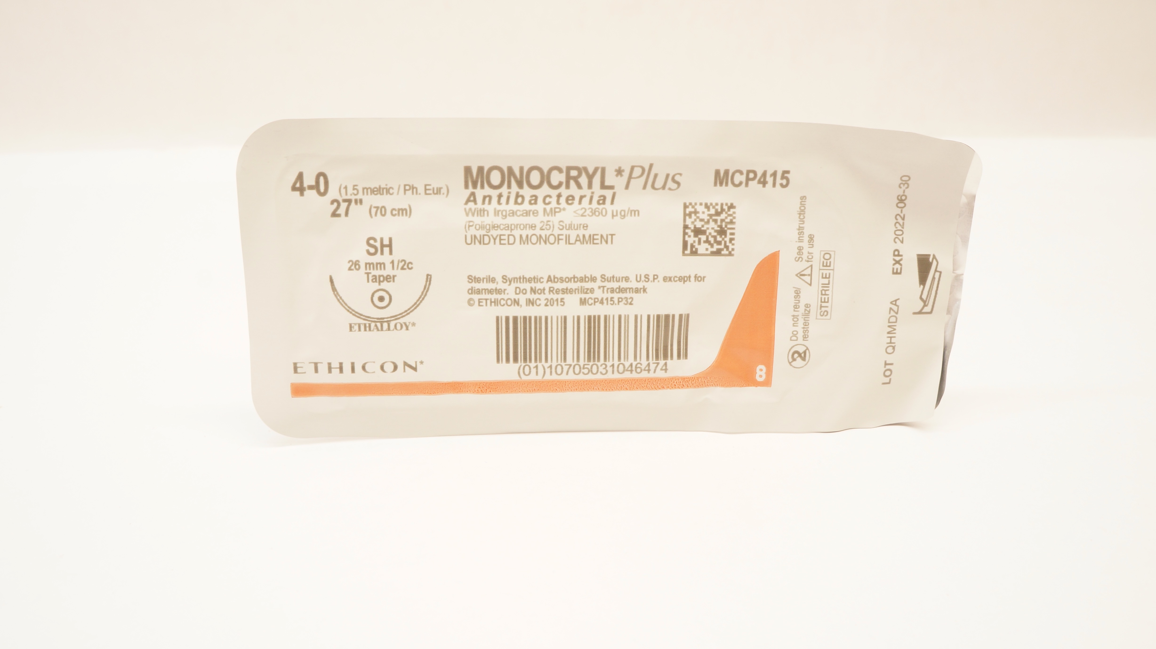 Ethicon MCP415 4-0 Monocryl Plus Stre SH 26mm 1/2c Taper, 27inch (x)