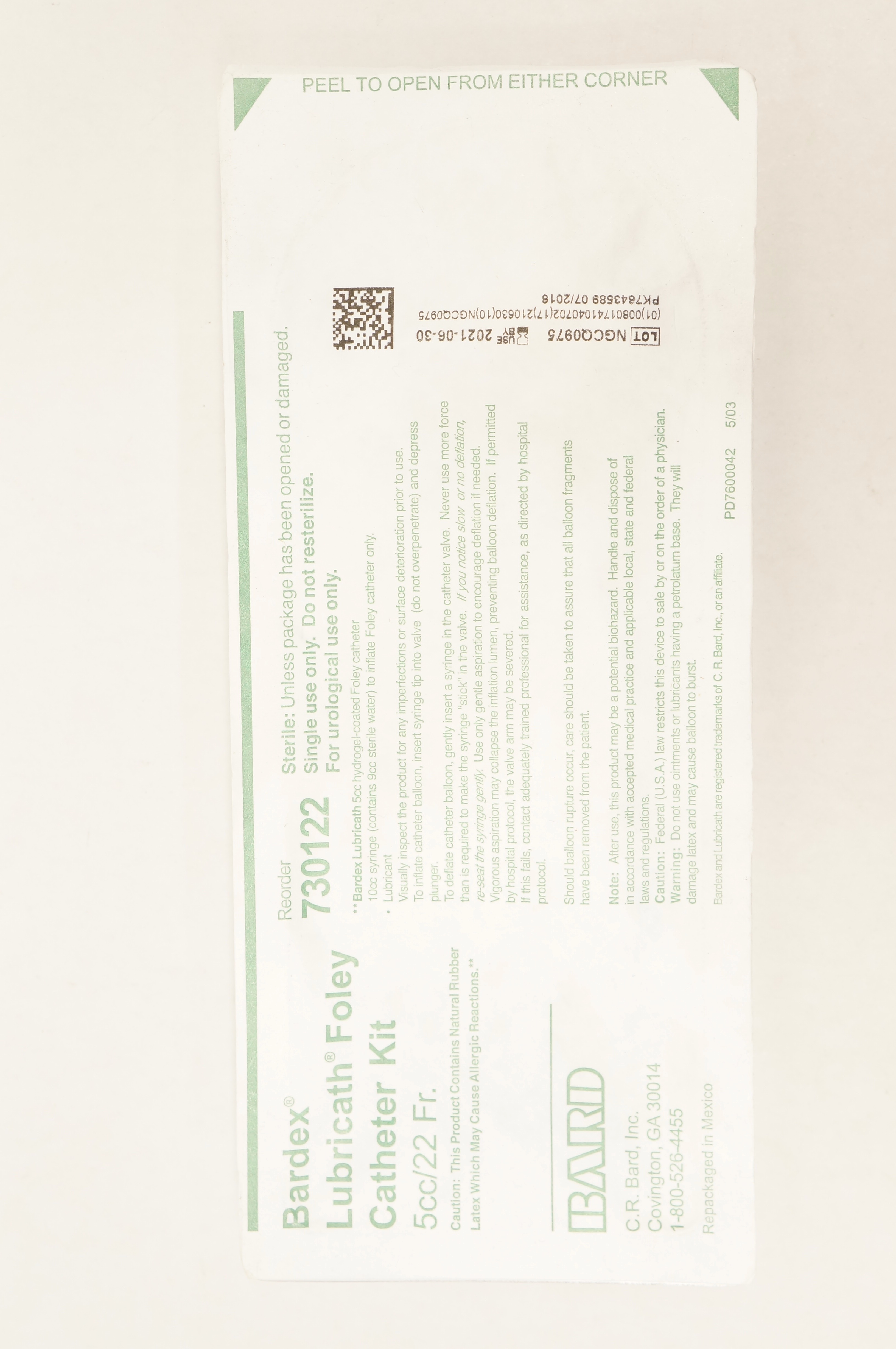 Bard 730122 Bardex Lubricath Foley Cath. Kit 22Fr x5cc (x)