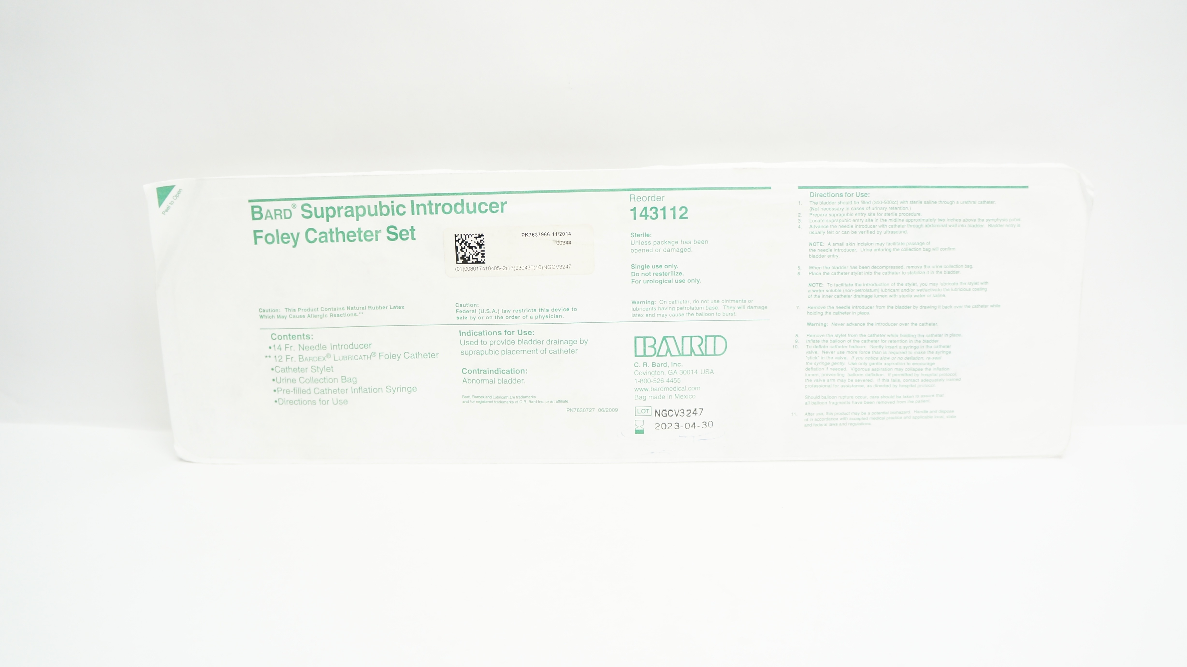 Bard 143112 Suprapubic Introducer Foley Cath. Set 14 Fr x 12 Fr (x)