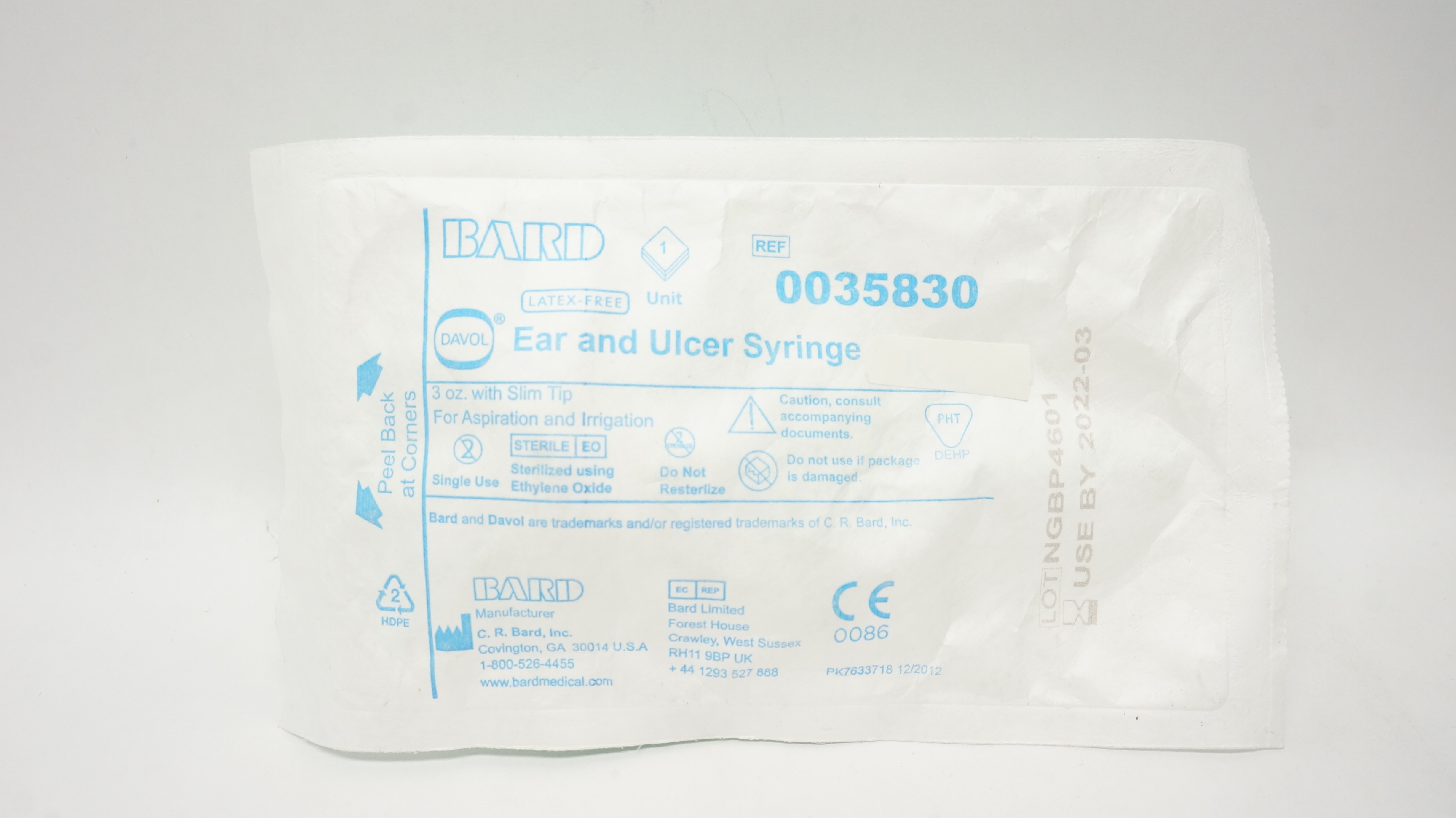 Bard 0035830 Davol Ear and Ulcer Syringe 3oz. with Slim Tip For Aspiration (x)