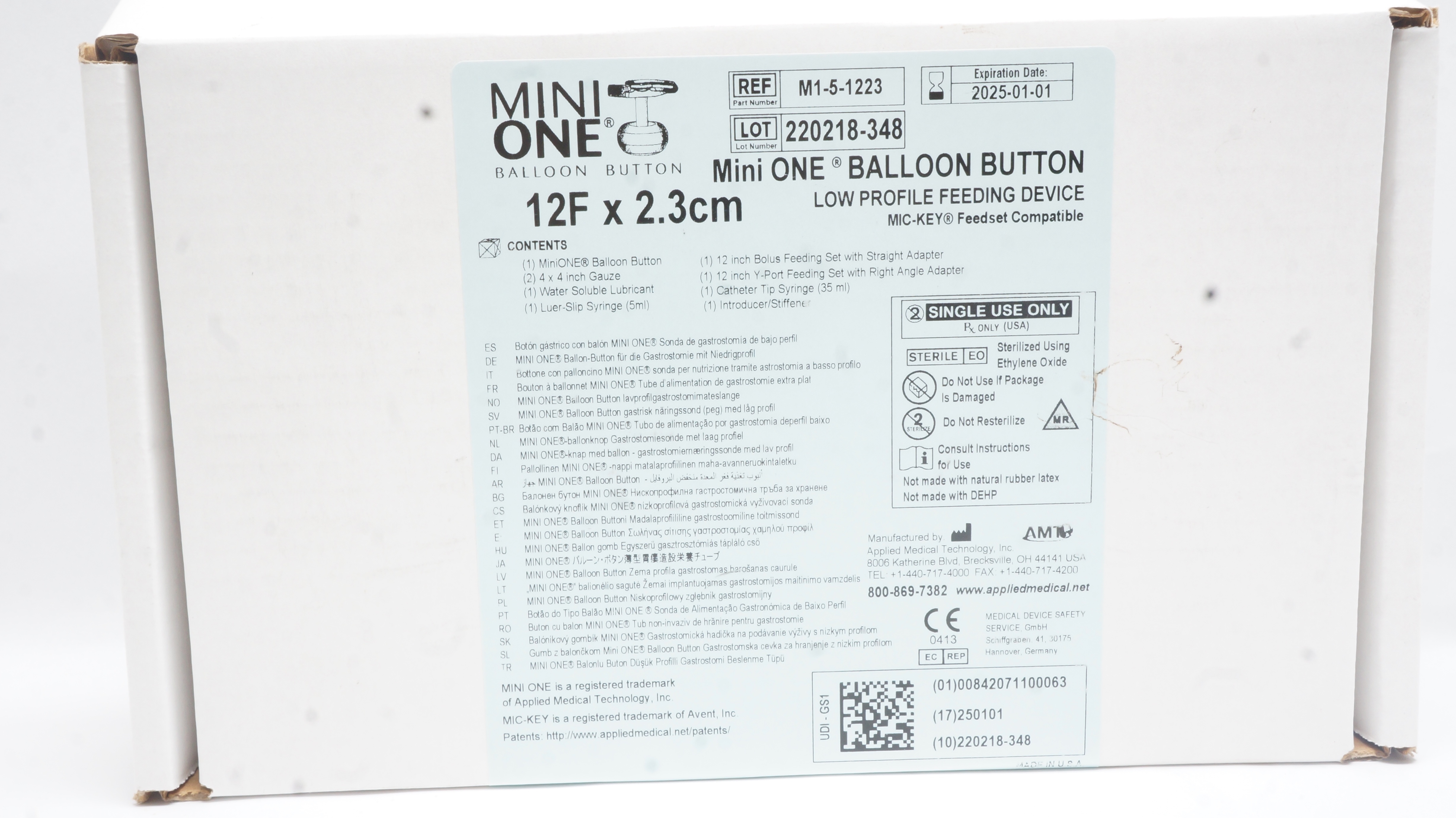 AMT 1-5-1223 Mini One Balloon Button Gastrostomy Feeding Tube 12F x 2.3cm